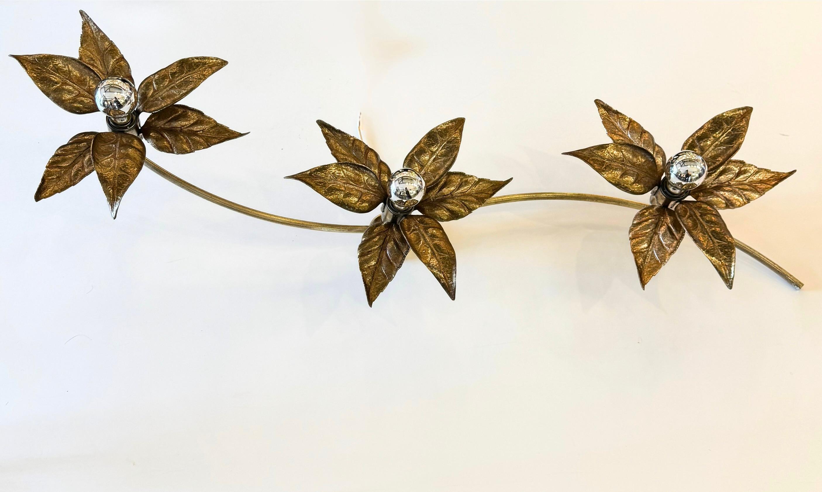 Hollywood Regency 1970s Gilt Brass Flower Wall Lamp by Willy Daro for Massive Lighting