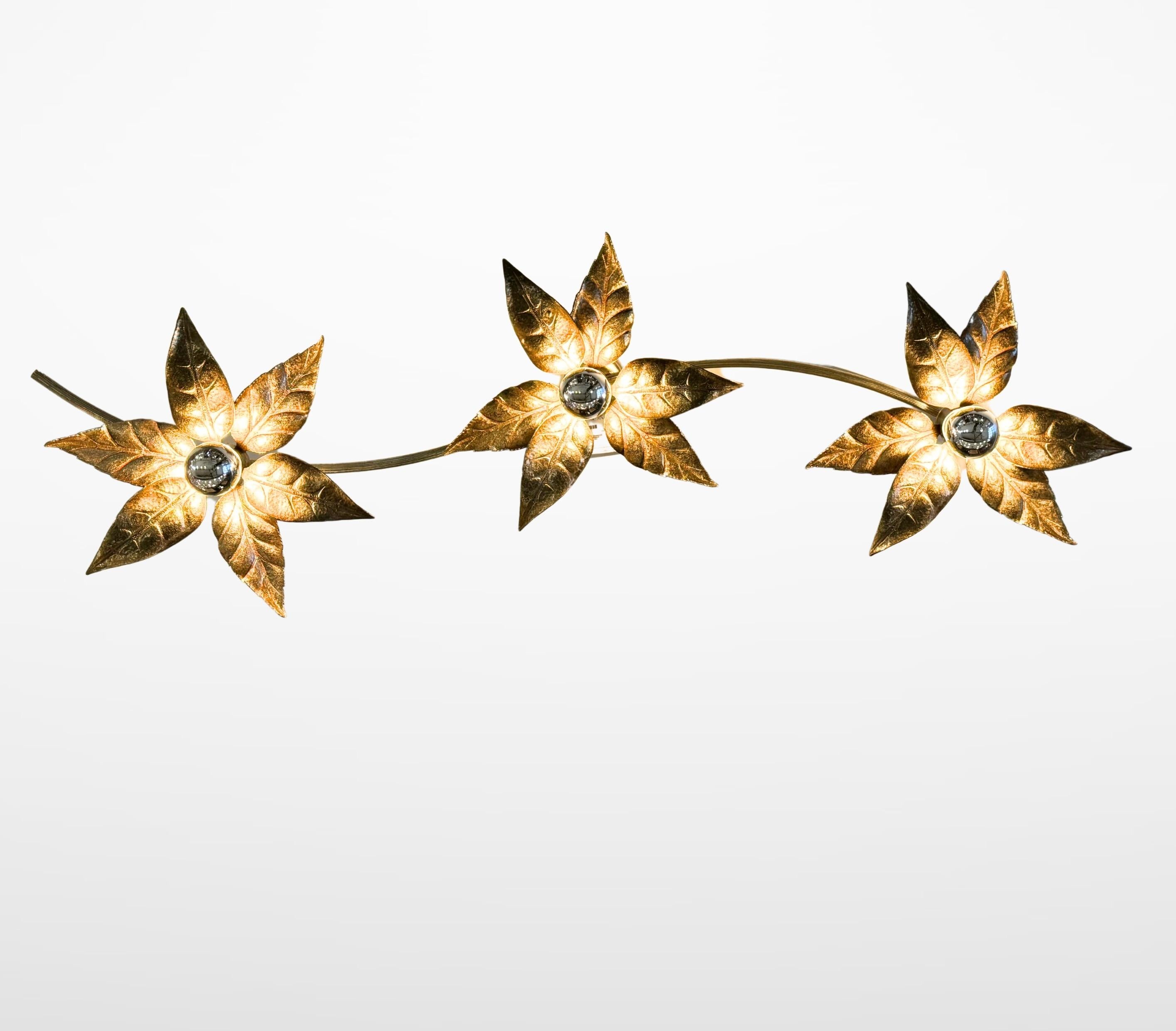 Cast 1970s Gilt Brass Flower Wall Lamp by Willy Daro for Massive Lighting