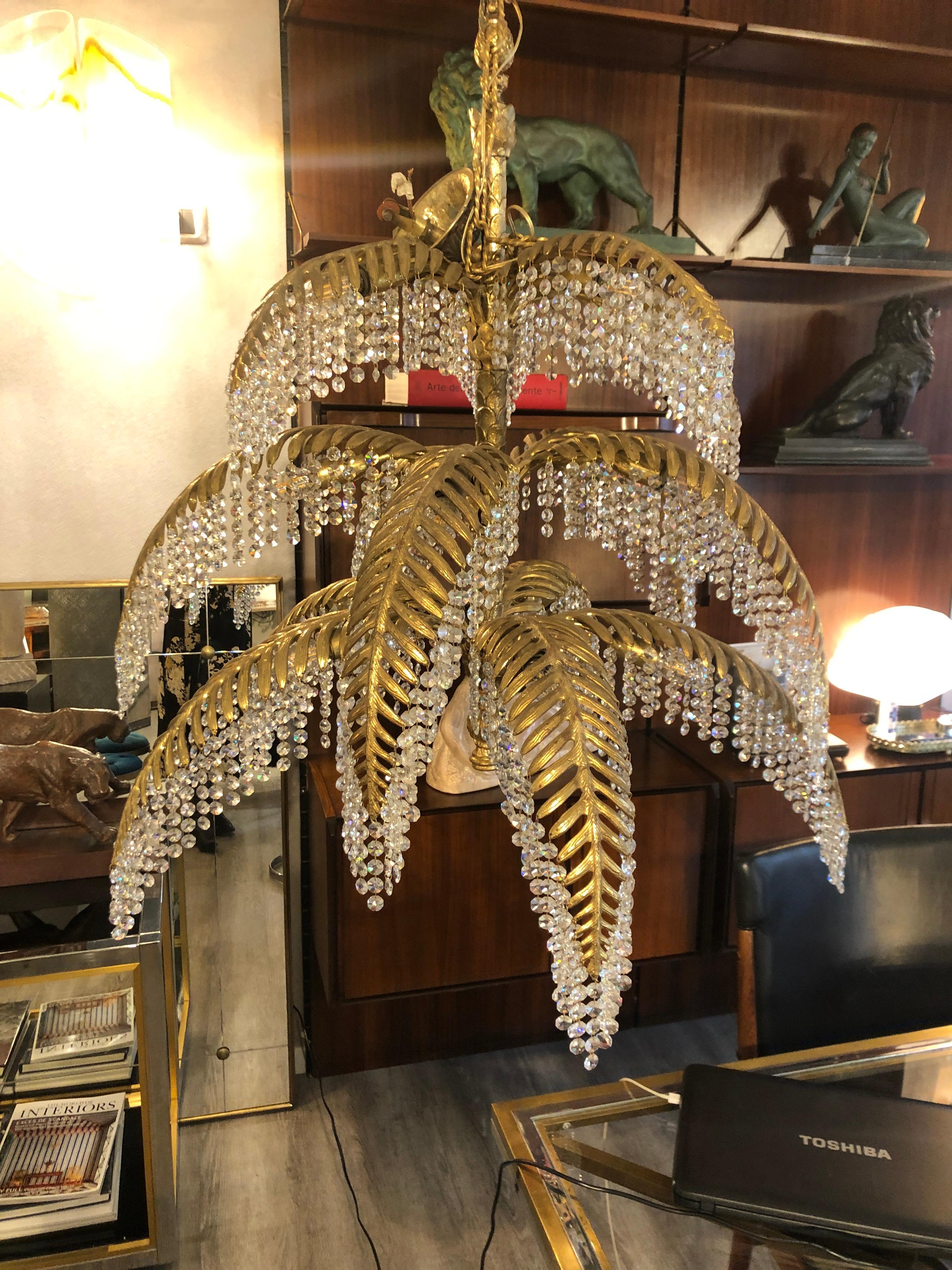 1970s Gilt Bronze Palm Tree Shaped Chandelier Hoffmann Design Bakalowits 1