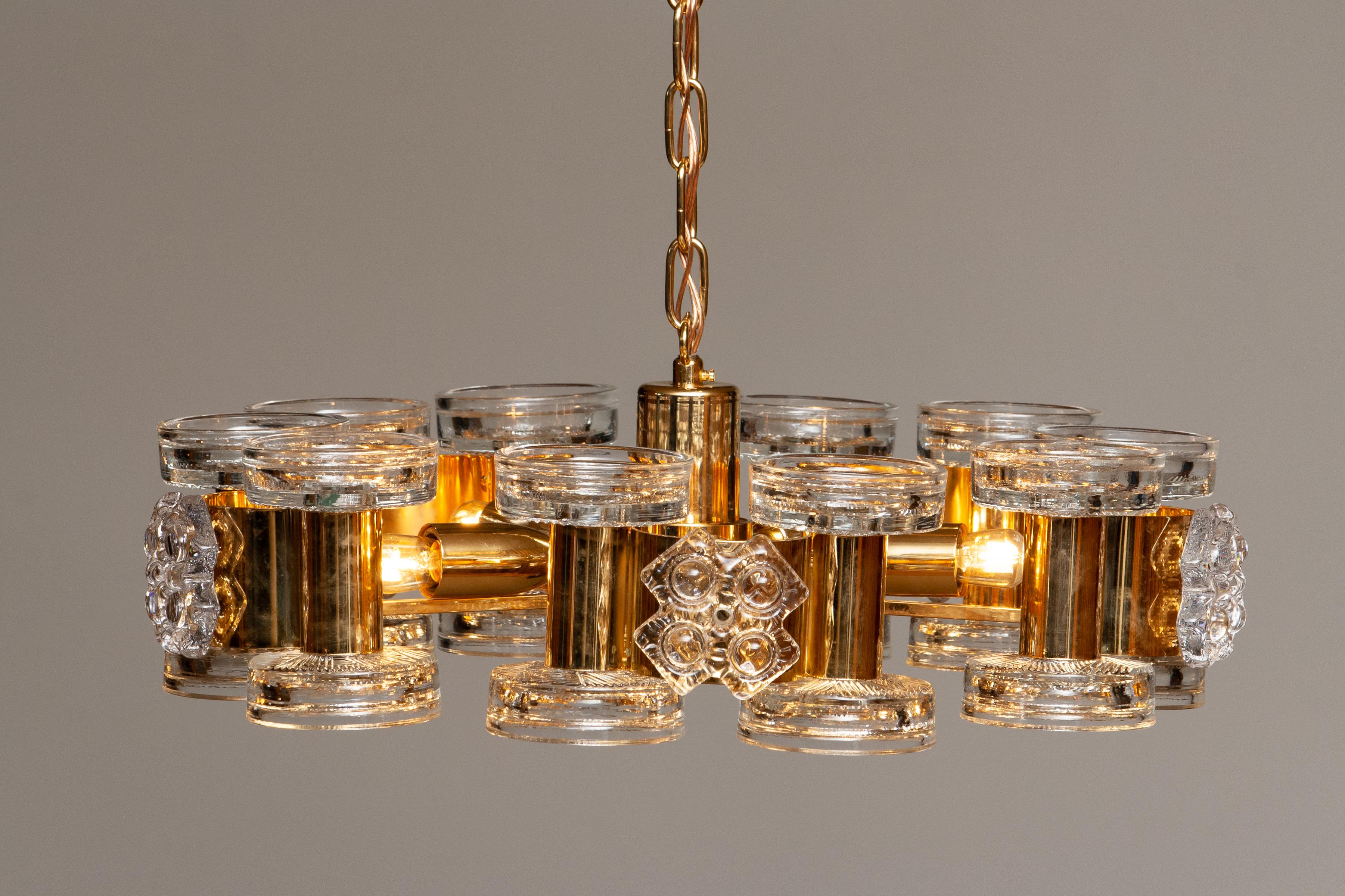 Late 20th Century 1970s Gilt Chandelier with  Candle Holders and  Screw Bulbs by Orrefors For Sale