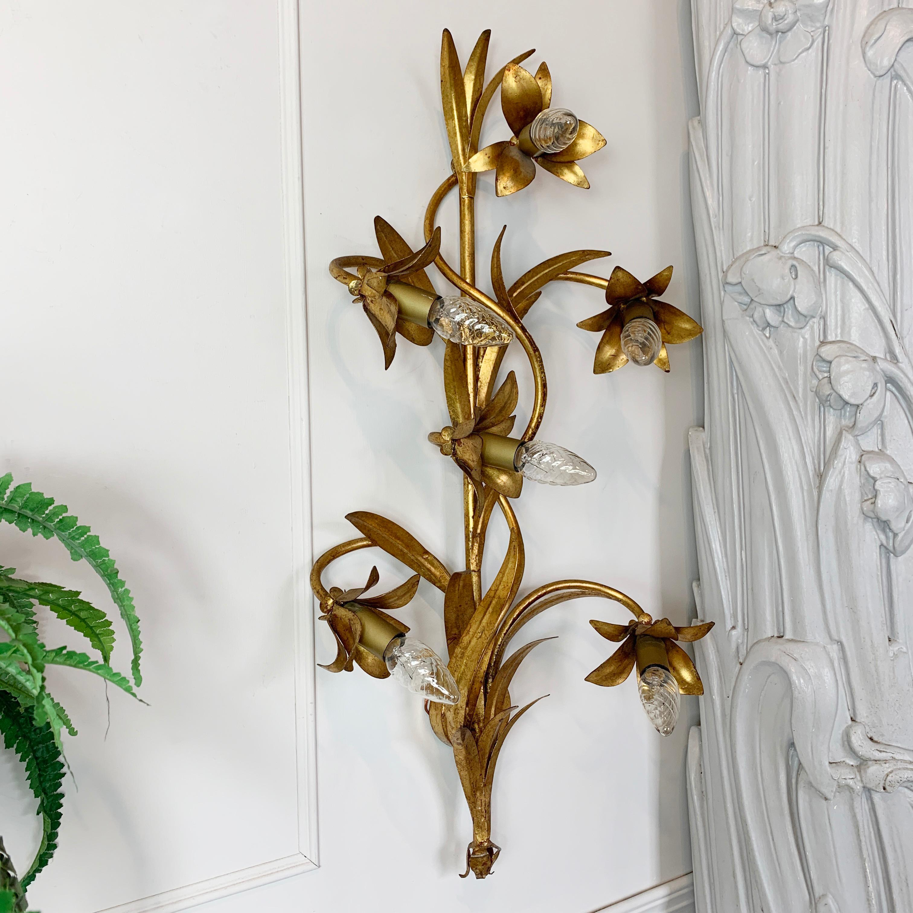 French 1970's Gilt Lily Wall Sconce