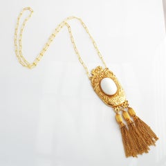 1970s Gilt & Milk Glass Statement Pendant Necklace With Tassels By Pauline Rader
