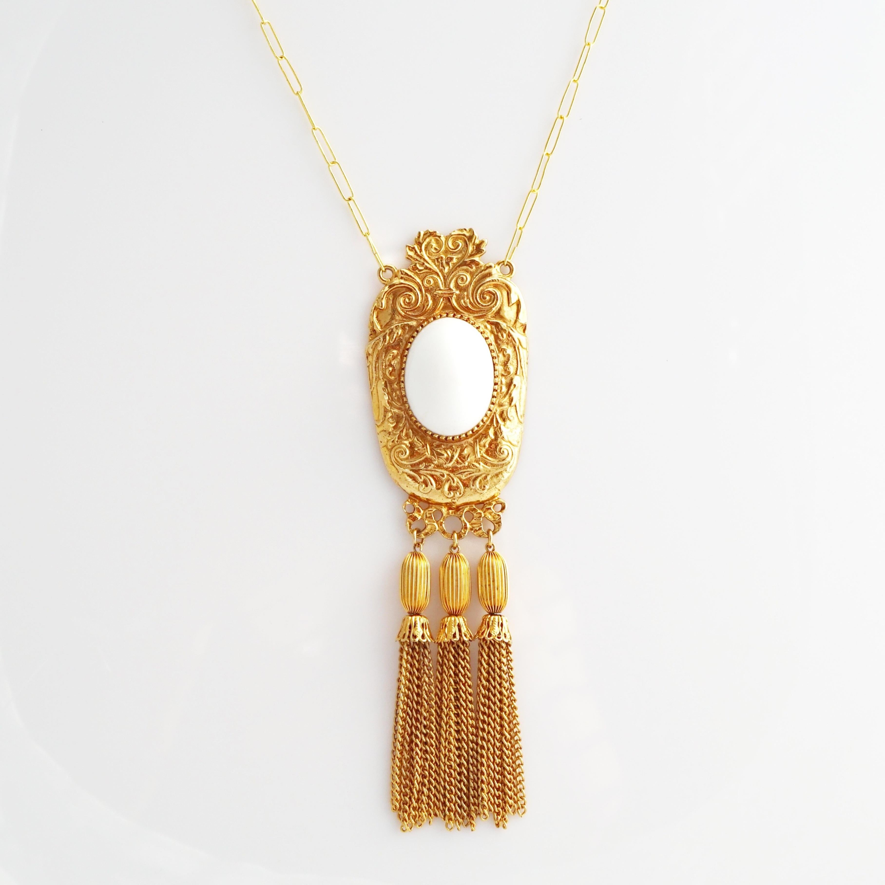Modern 1970s Gilt & Milk Glass Statement Pendant Necklace With Tassels By Pauline Rader For Sale