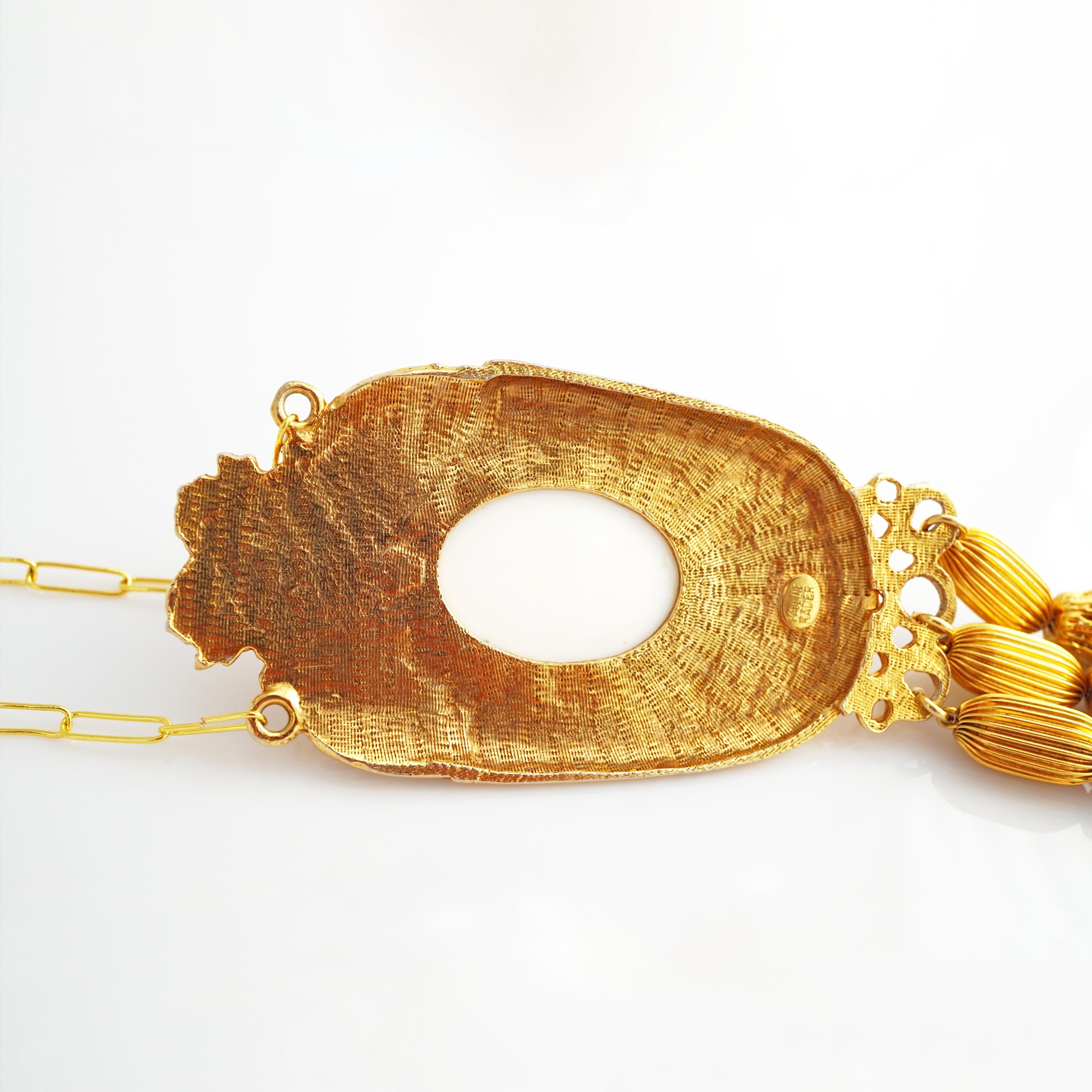 1970s Gilt & Milk Glass Statement Pendant Necklace With Tassels By Pauline Rader In Good Condition For Sale In McKinney, TX