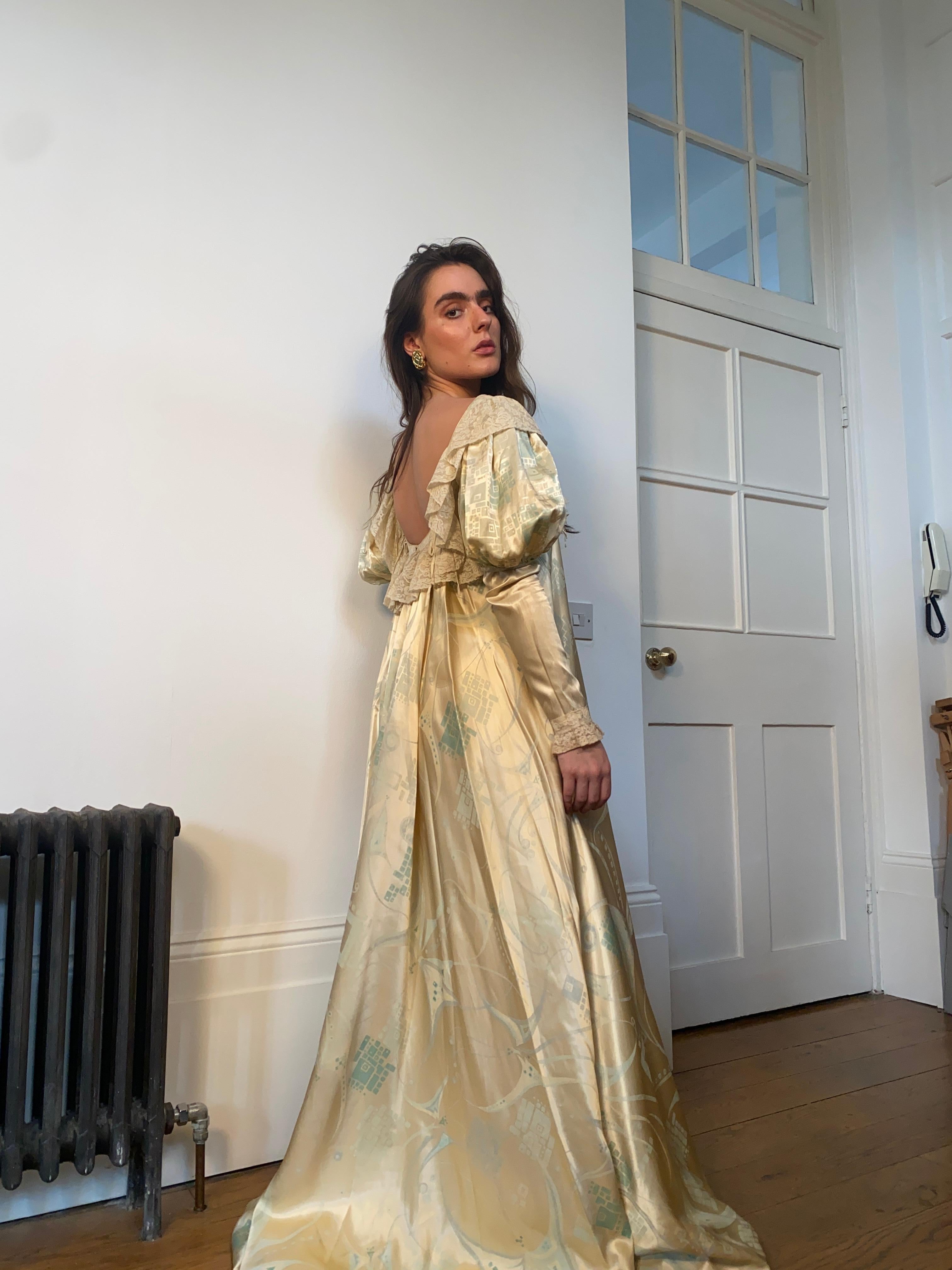 Beige 1970s Gina Fratini Romantic Satin Maxi Dress