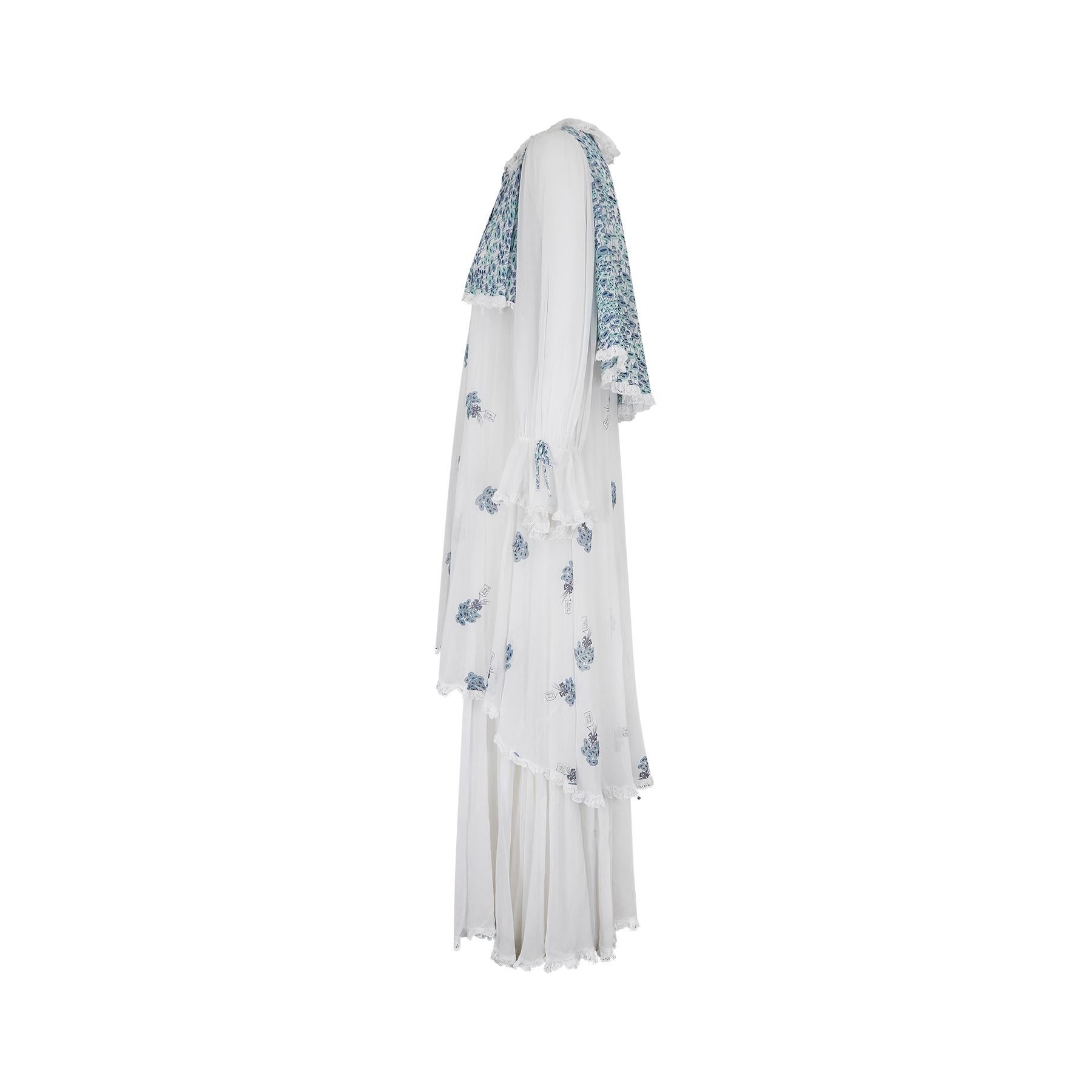 1970s Gina Fratini White and Blue Floral Cotton Maxi Dress In Excellent Condition For Sale In London, GB