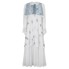 Maxi abito in cotone floreale bianco e blu anni '70 di Gina Fratini