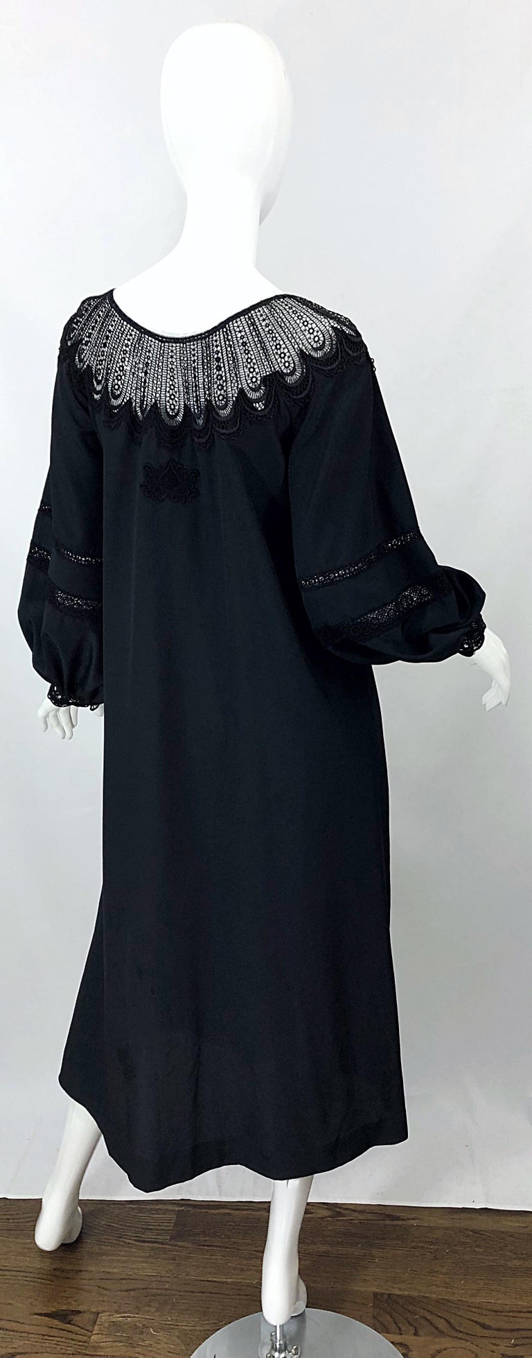 Women's 1970s Giorgio di Sant Angelo Black Vintage 70s Crochet Bishop Sleeve Smock Dress For Sale