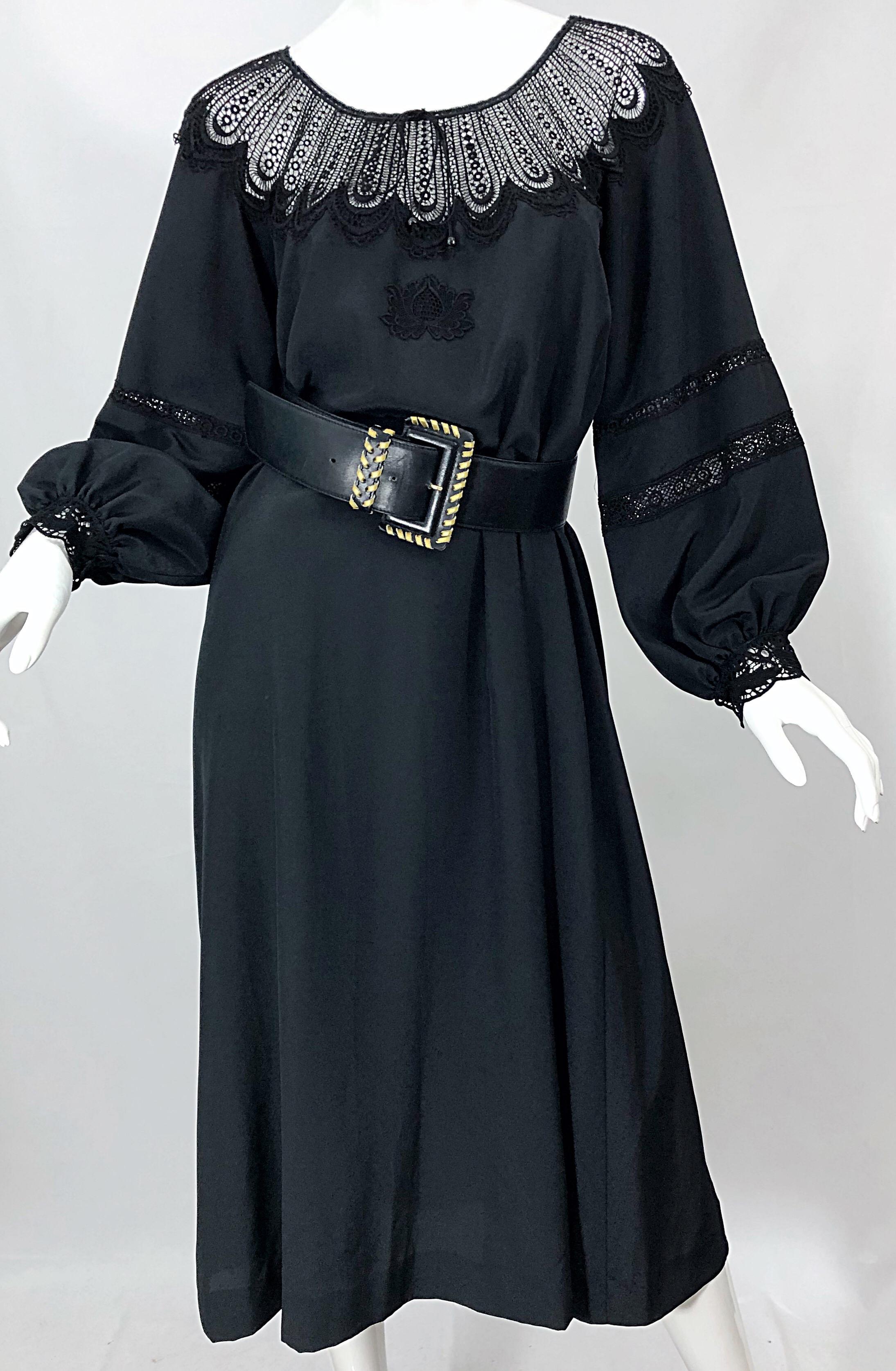 Women's 1970s Giorgio di Sant Angelo Black Vintage 70s Crochet Bishop Sleeve Smock Dress For Sale