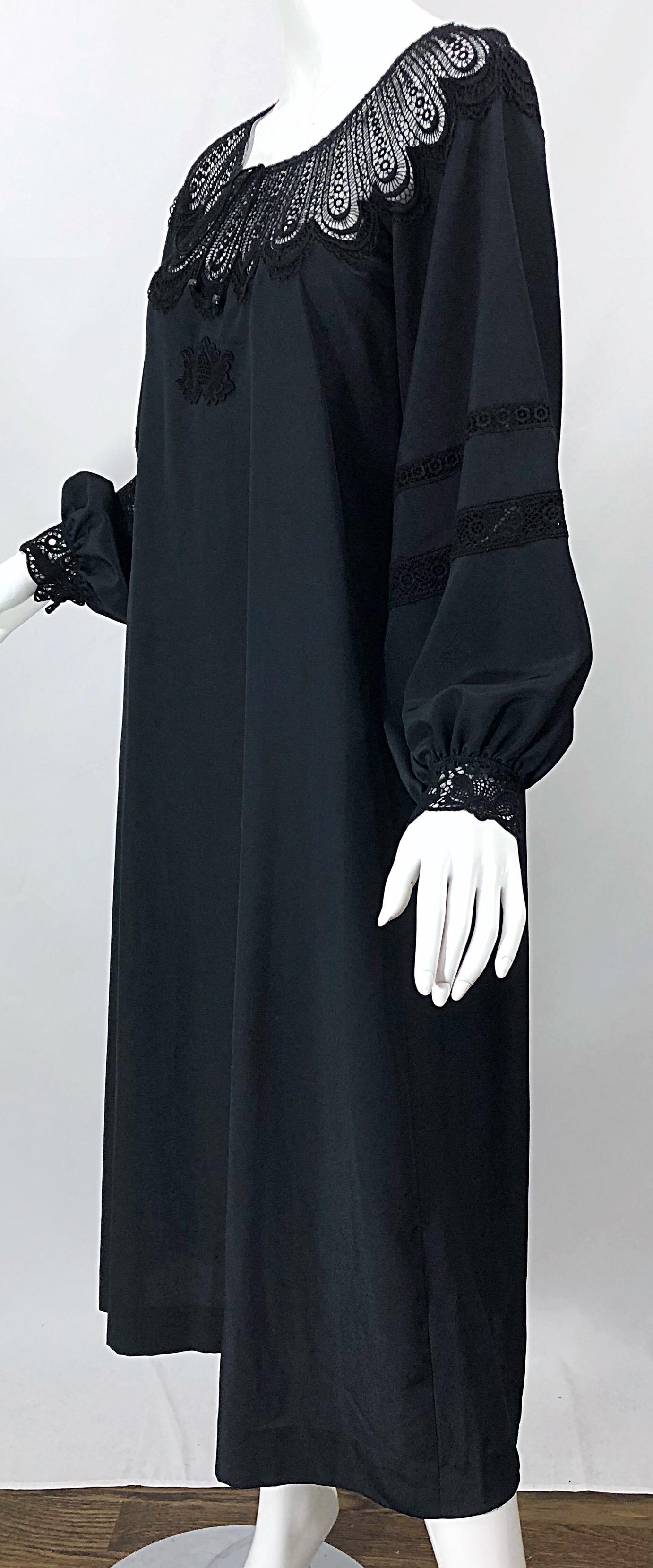 1970s Giorgio di Sant Angelo Black Vintage 70s Crochet Bishop Sleeve Smock Dress For Sale 1