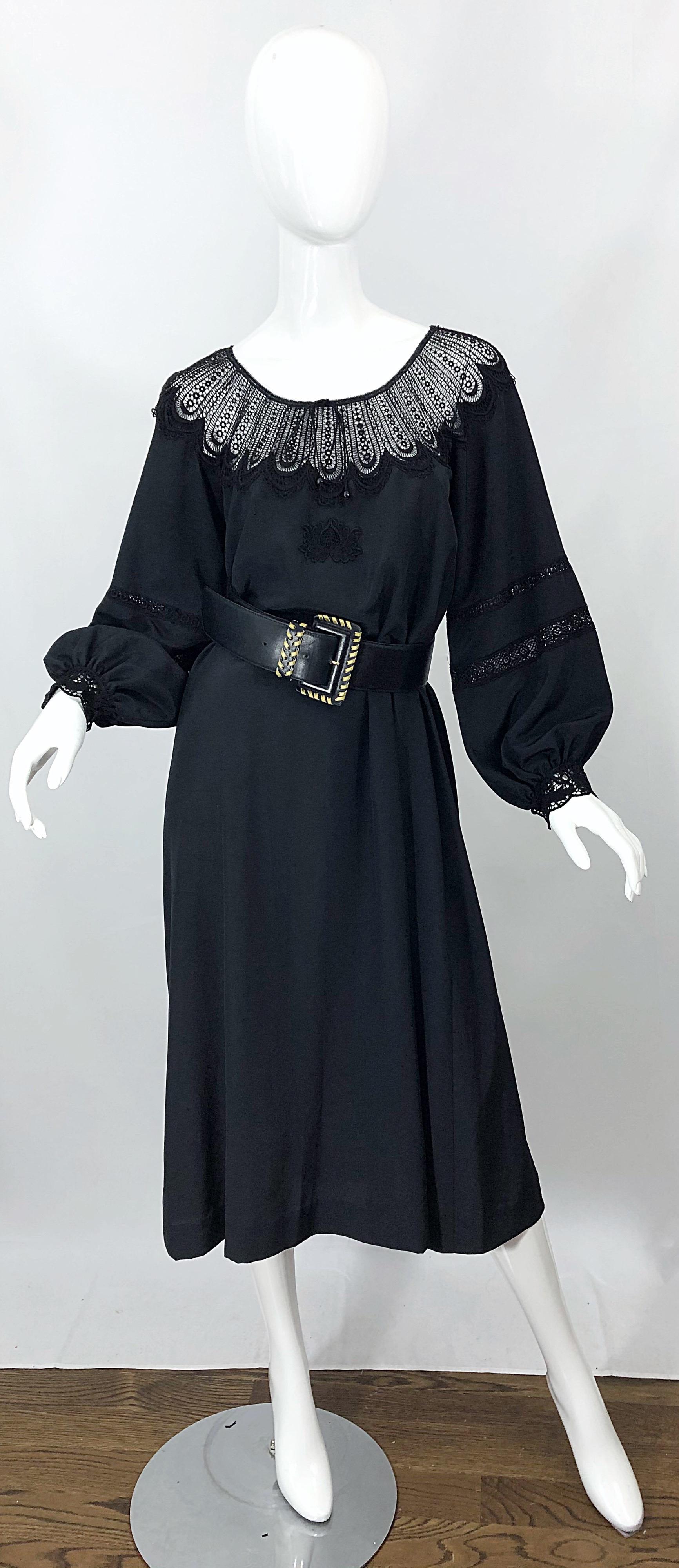 1970s Giorgio di Sant Angelo Black Vintage 70s Crochet Bishop Sleeve Smock Dress For Sale 4