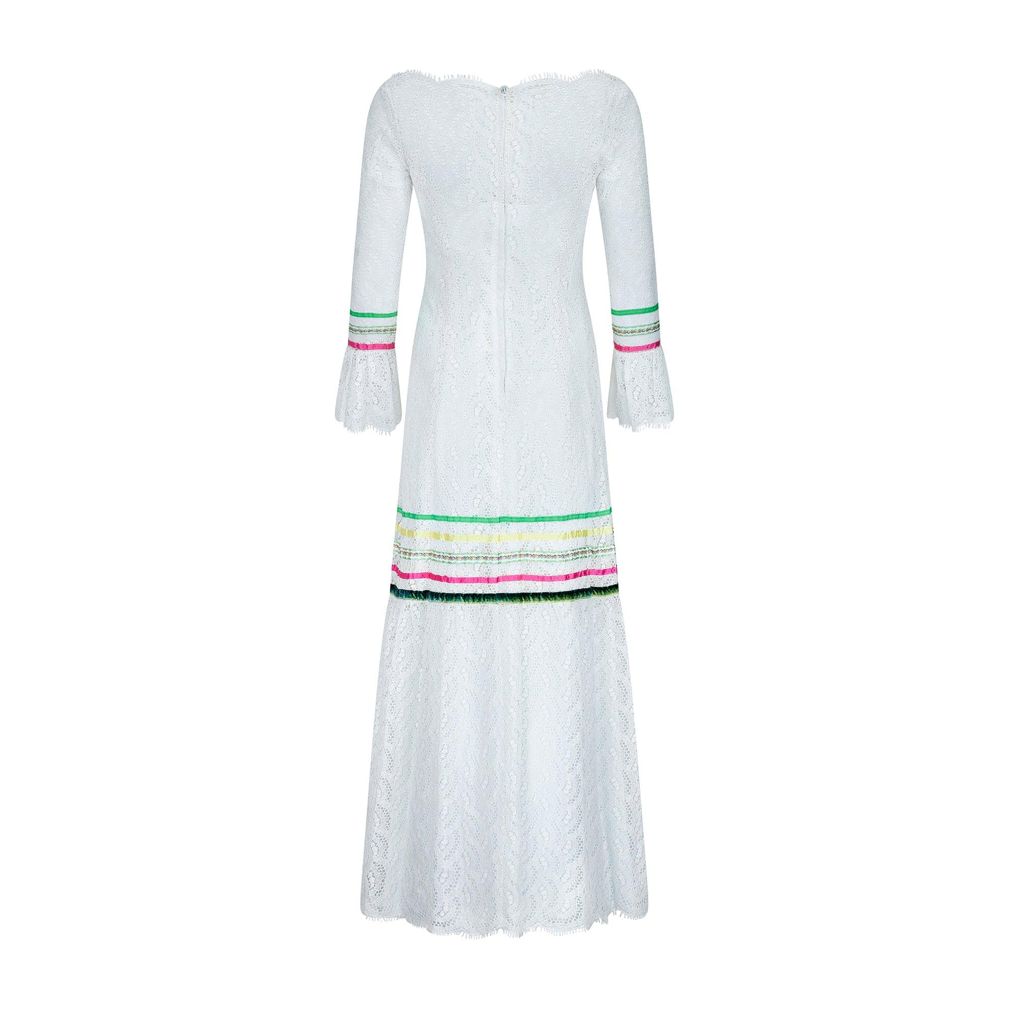 Gray 1970s Giorgio di Sant' Angelo White Crochet Maxi Dress with Ribbon For Sale