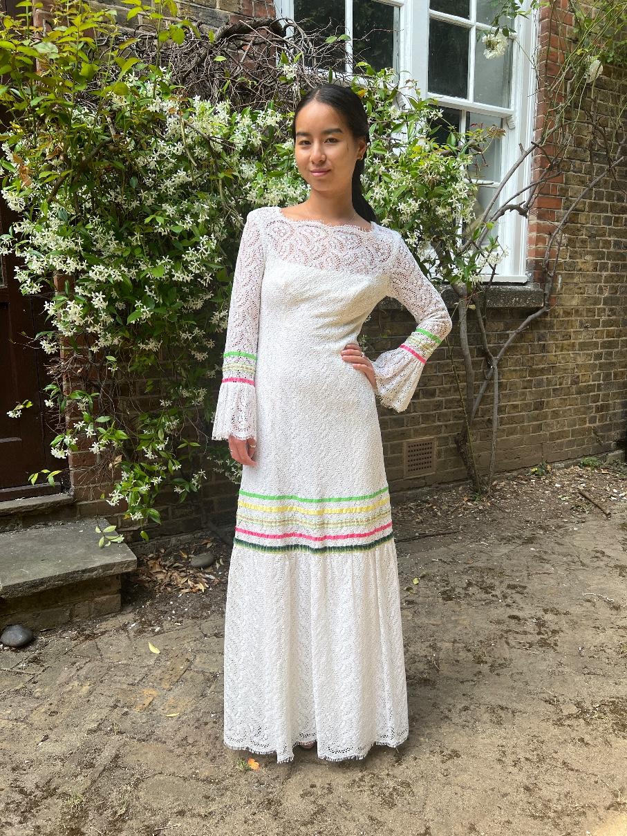 1970s Giorgio di Sant' Angelo White Crochet Maxi Dress with Ribbon For Sale 1