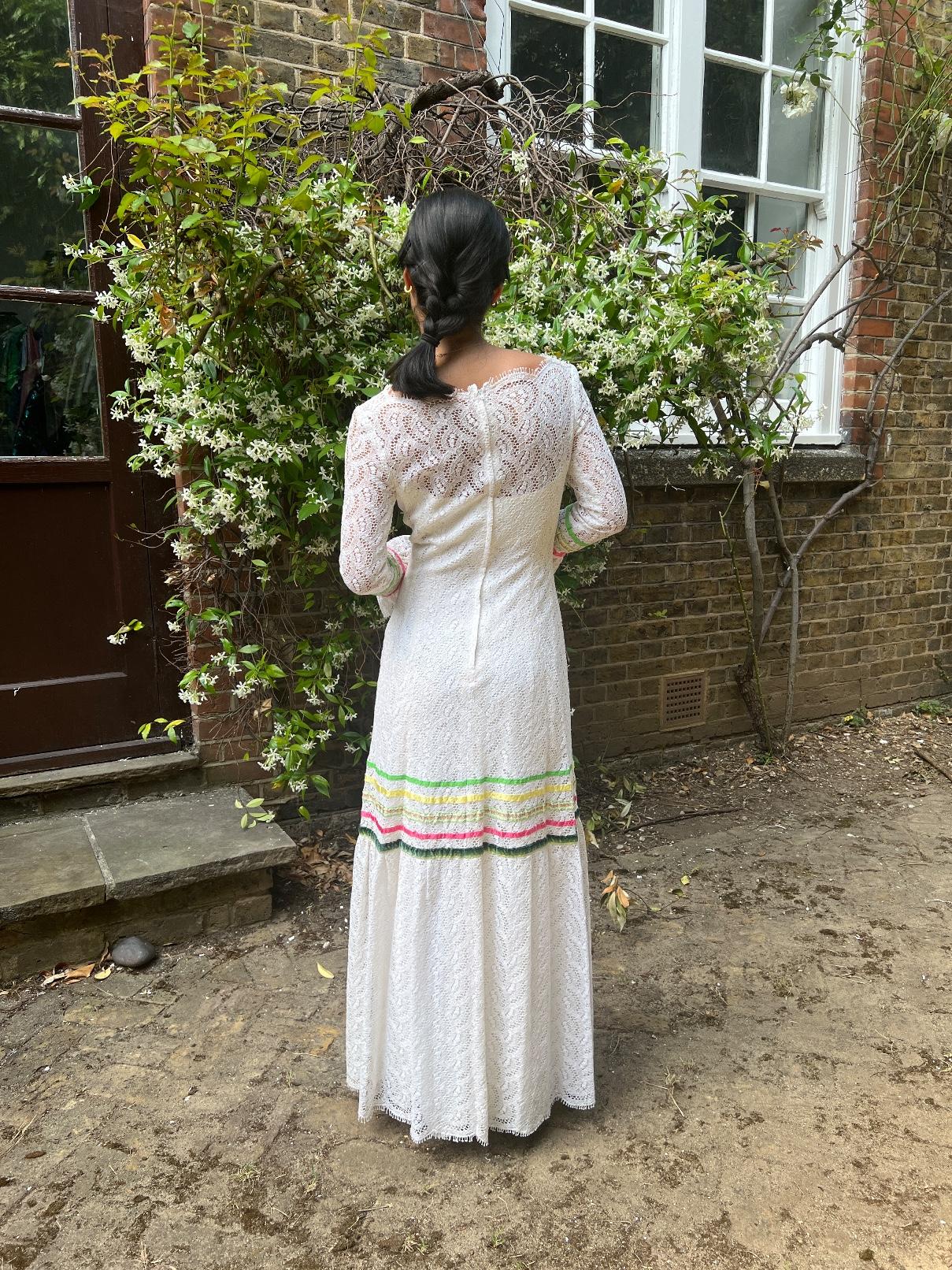 1970s Giorgio di Sant' Angelo White Crochet Maxi Dress with Ribbon For Sale 2