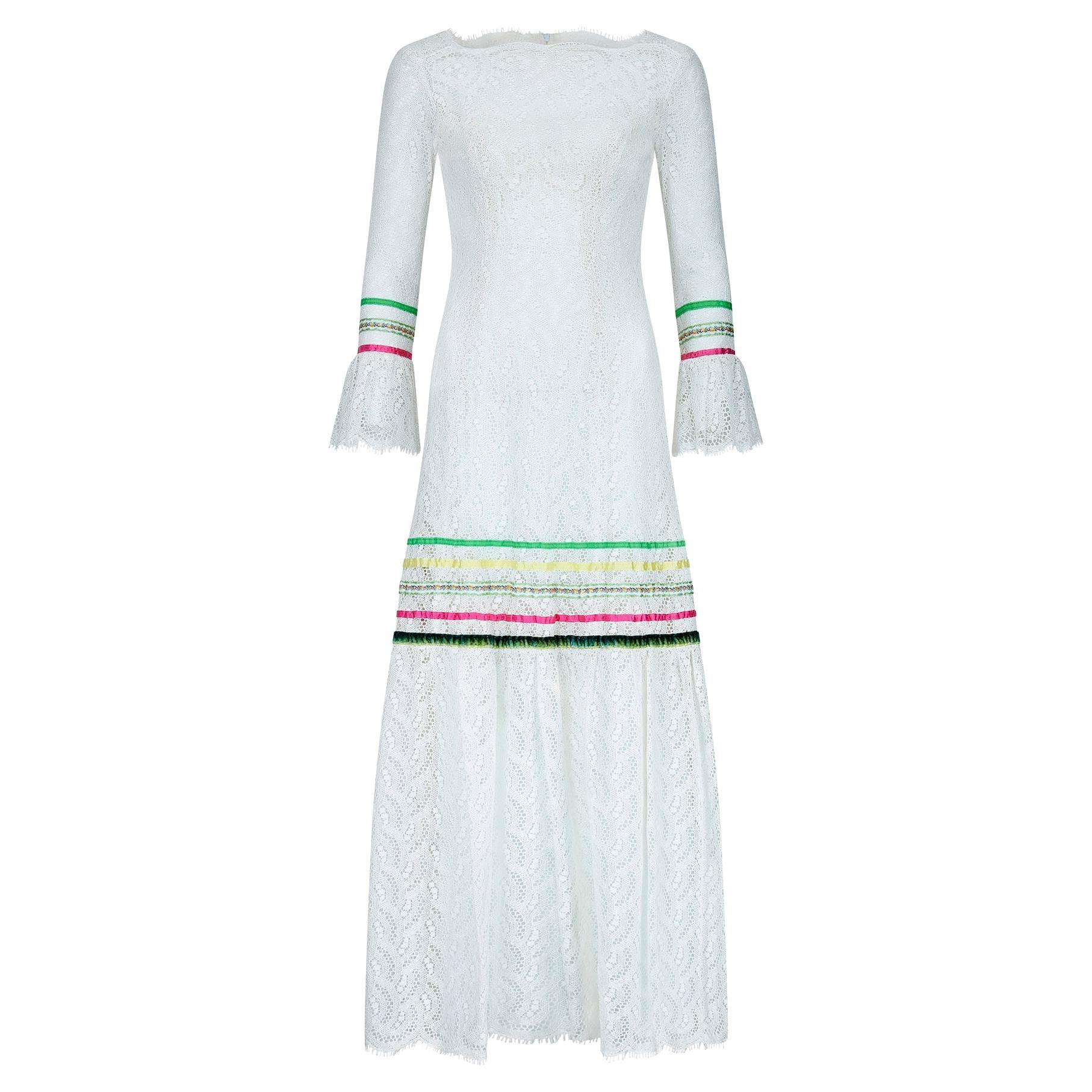 1970s Giorgio di Sant' Angelo White Crochet Maxi Dress with Ribbon For Sale