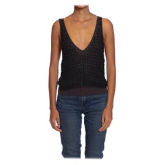 Vintage 1970S GIORGIO OF BEVERLY HILLS KRIZIA Dark Grey Cotton Beaded Loop Fringe Tank