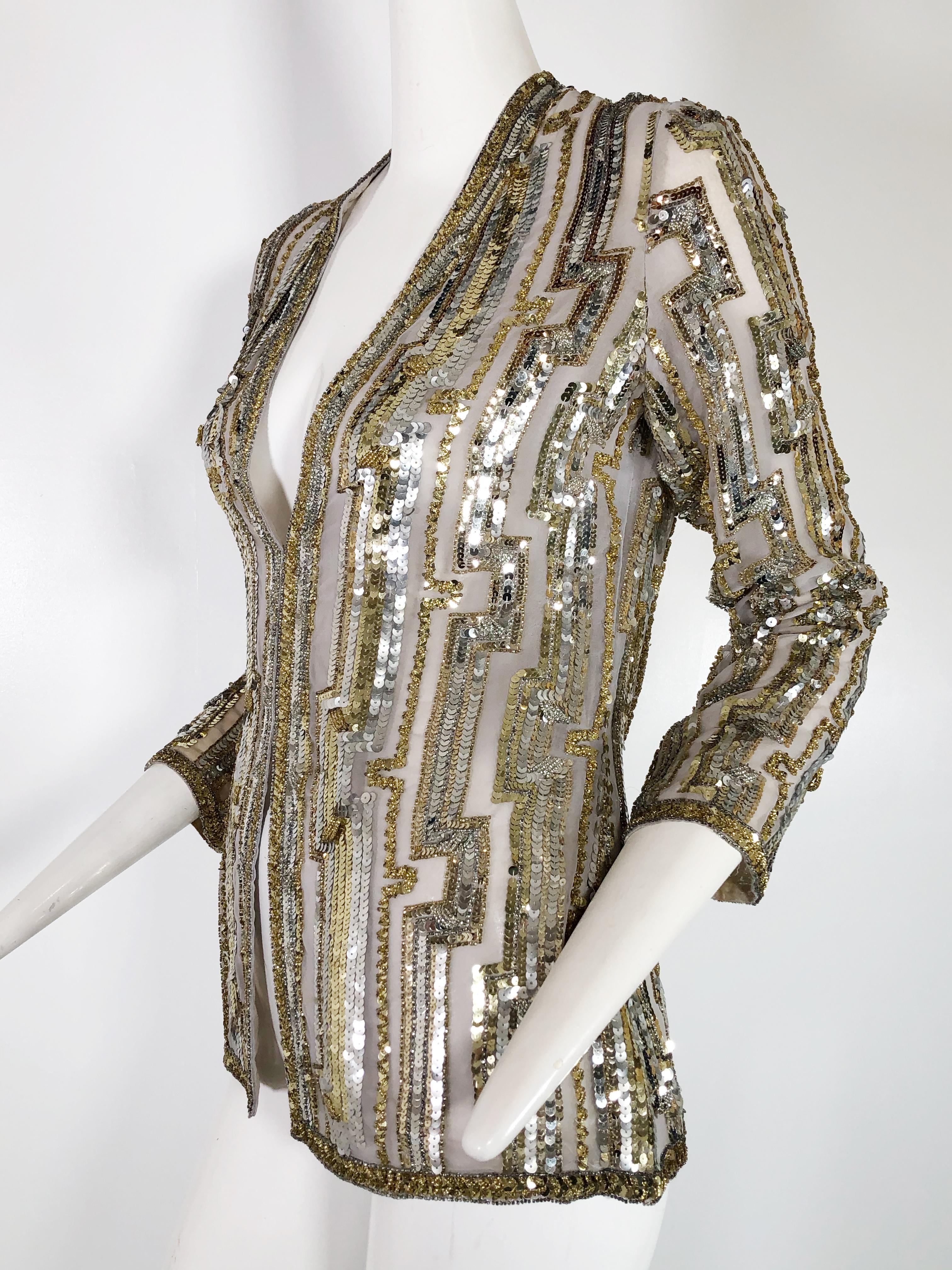 1970s Giorgio of Beverly Hills Silk Evening Jacket with Silver and Gold Sequins For Sale 1