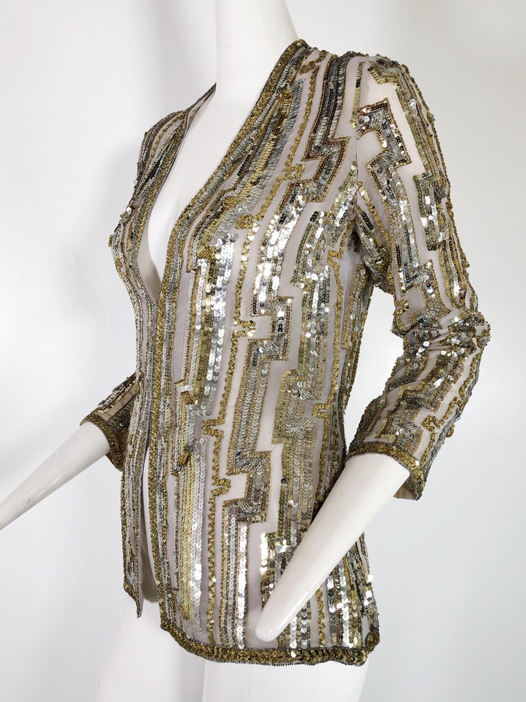 1970s Giorgio of Beverly Hills Silk Evening Jacket with Silver and Gold Sequins For Sale 1