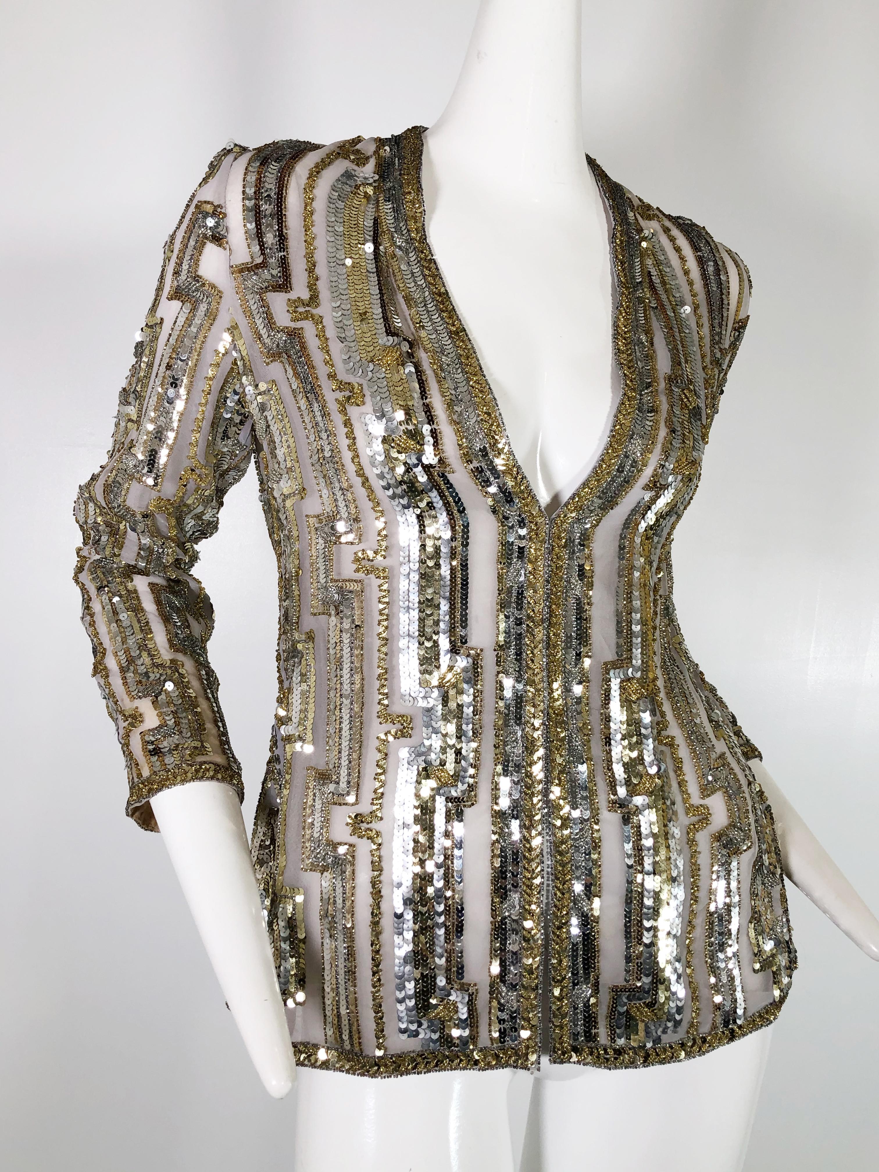 Gray 1970s Giorgio of Beverly Hills Silk Evening Jacket with Silver and Gold Sequins For Sale