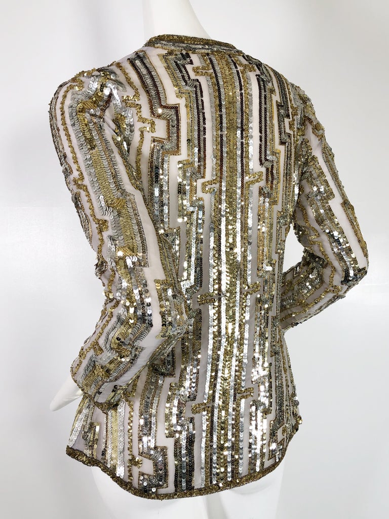 Women's 1970s Giorgio of Beverly Hills Silk Evening Jacket with Silver and Gold Sequins For Sale
