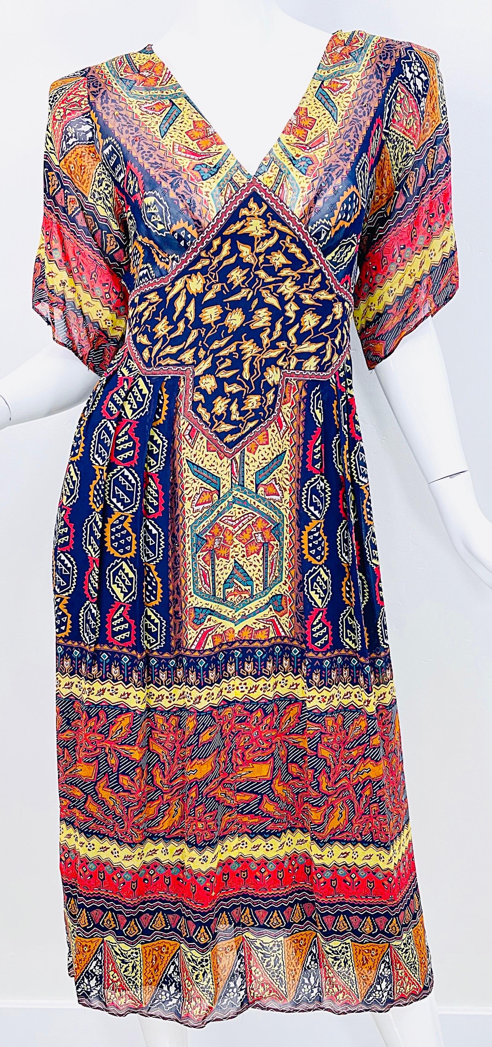 1970s Giorgio Saint Angelo Silk Chiffon Rhinestone Boho Tribal Vintage 70s Dress For Sale 4