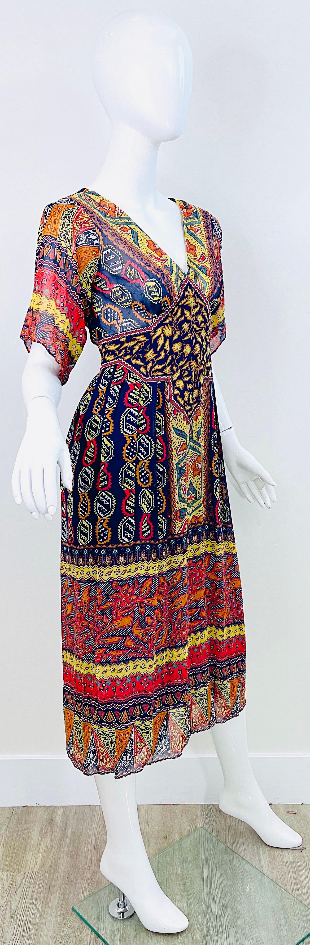 1970s Giorgio Saint Angelo Silk Chiffon Rhinestone Boho Tribal Vintage 70s Dress For Sale 5
