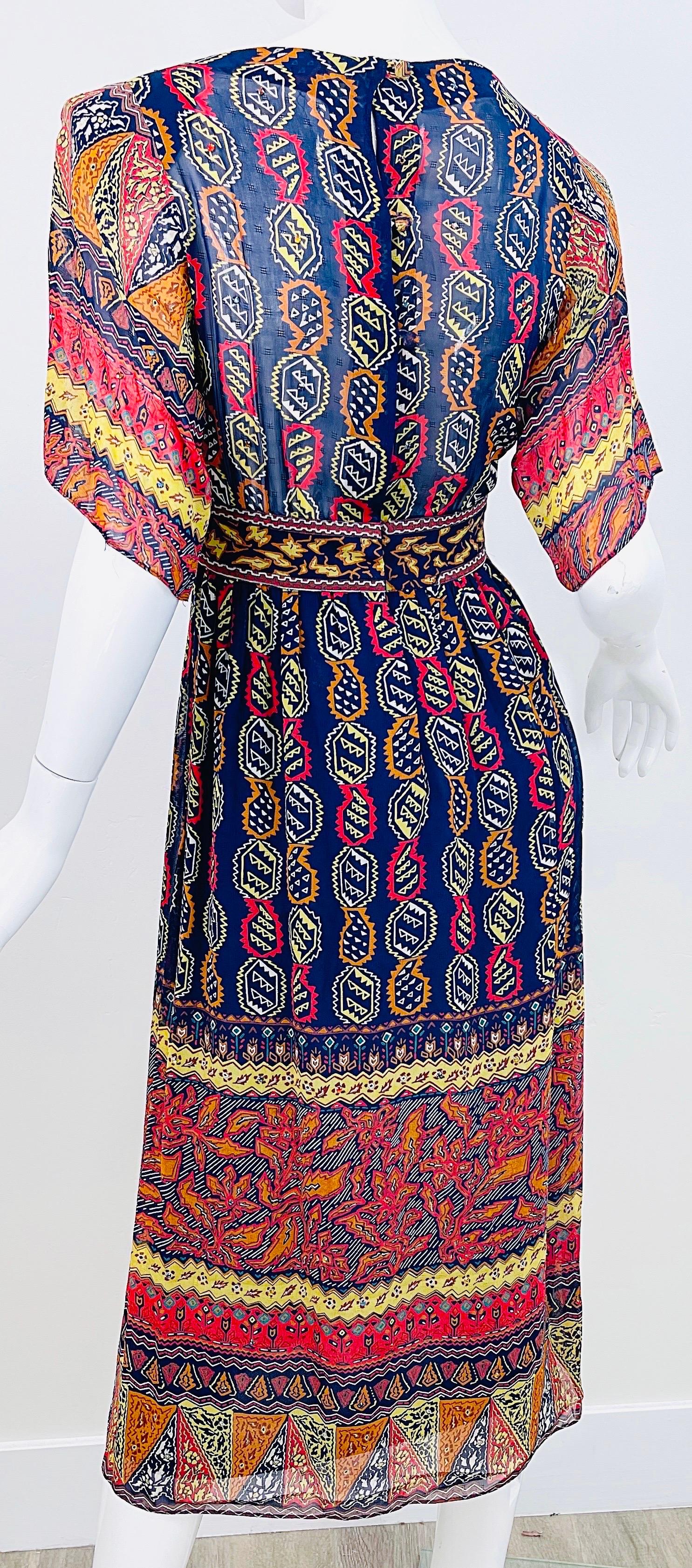 1970s Giorgio Saint Angelo Silk Chiffon Rhinestone Boho Tribal Vintage 70s Dress For Sale 6