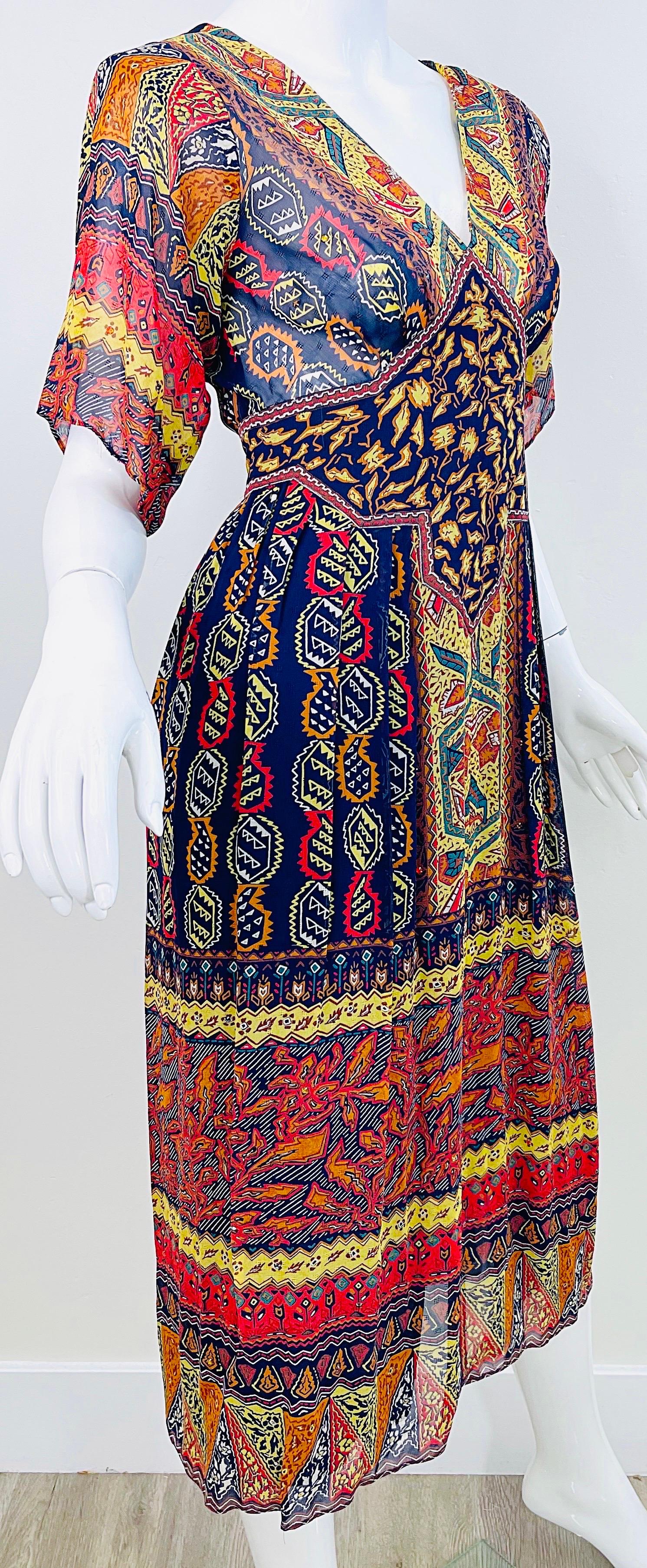 1970s Giorgio Saint Angelo Silk Chiffon Rhinestone Boho Tribal Vintage 70s Dress For Sale 7