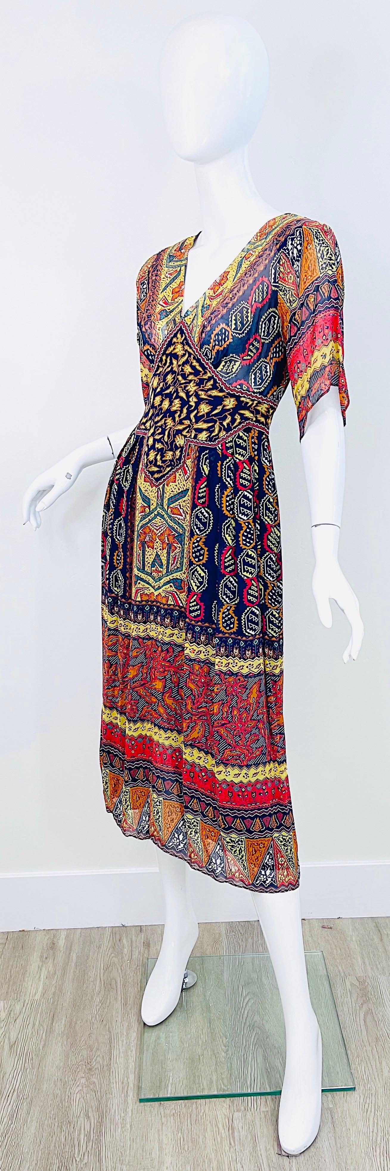 1970s Giorgio Saint Angelo Silk Chiffon Rhinestone Boho Tribal Vintage 70s Dress For Sale 8