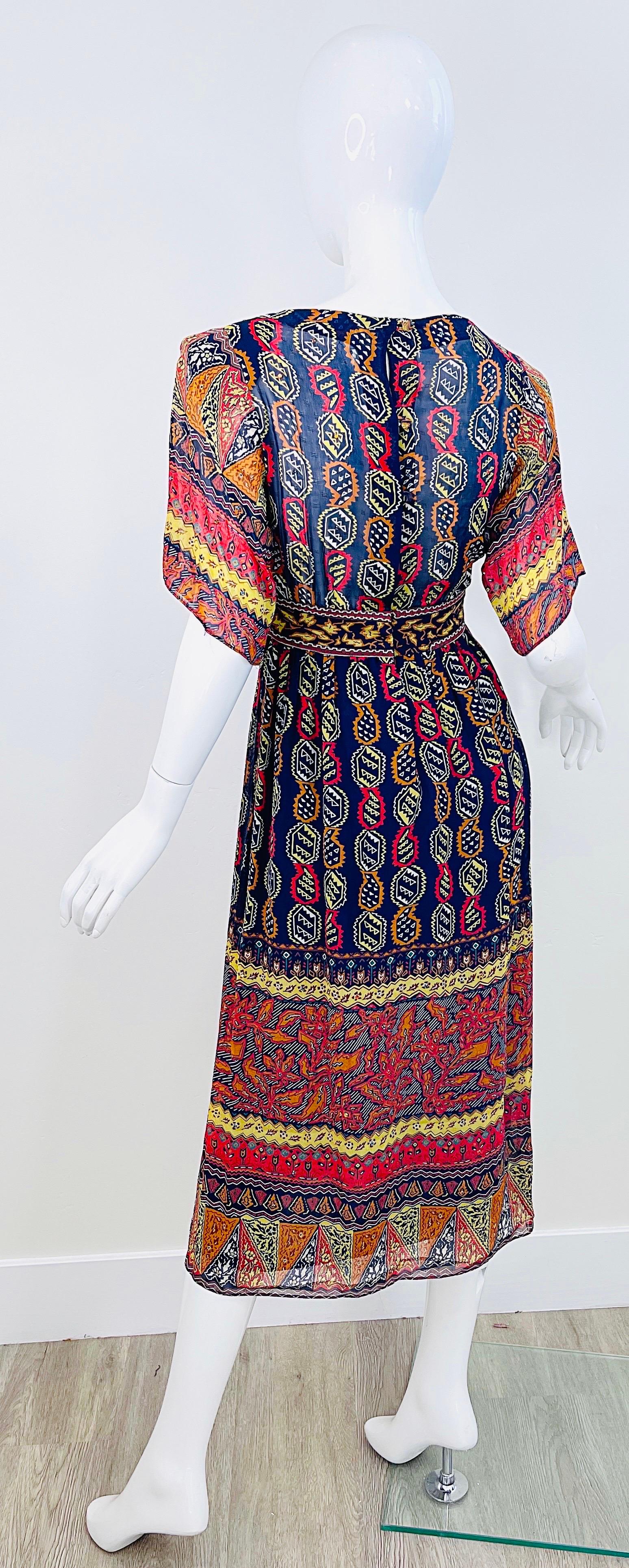 1970s Giorgio Saint Angelo Silk Chiffon Rhinestone Boho Tribal Vintage 70s Dress For Sale 10