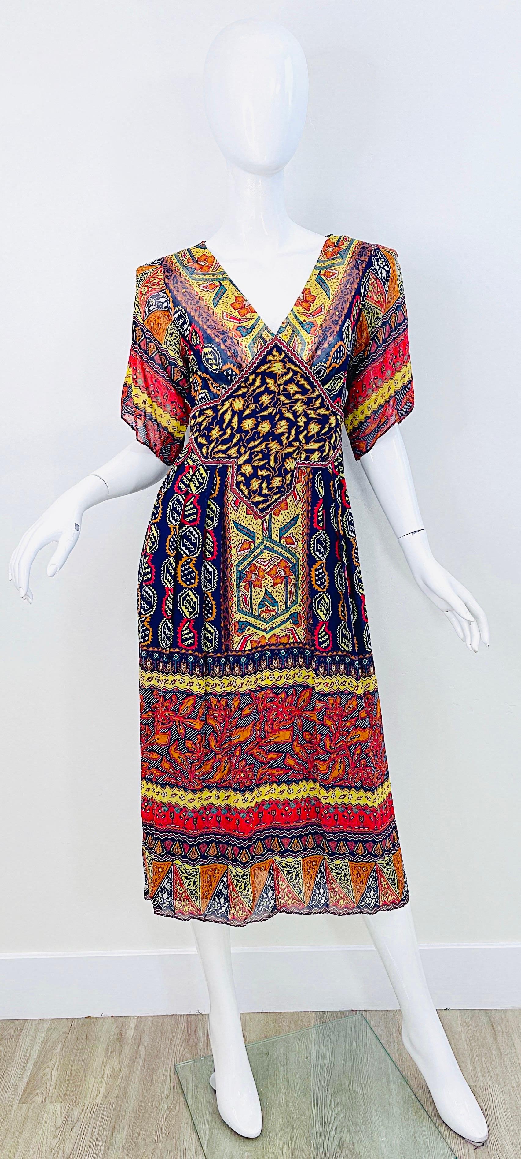 1970s Giorgio Saint Angelo Silk Chiffon Rhinestone Boho Tribal Vintage 70s Dress For Sale 11