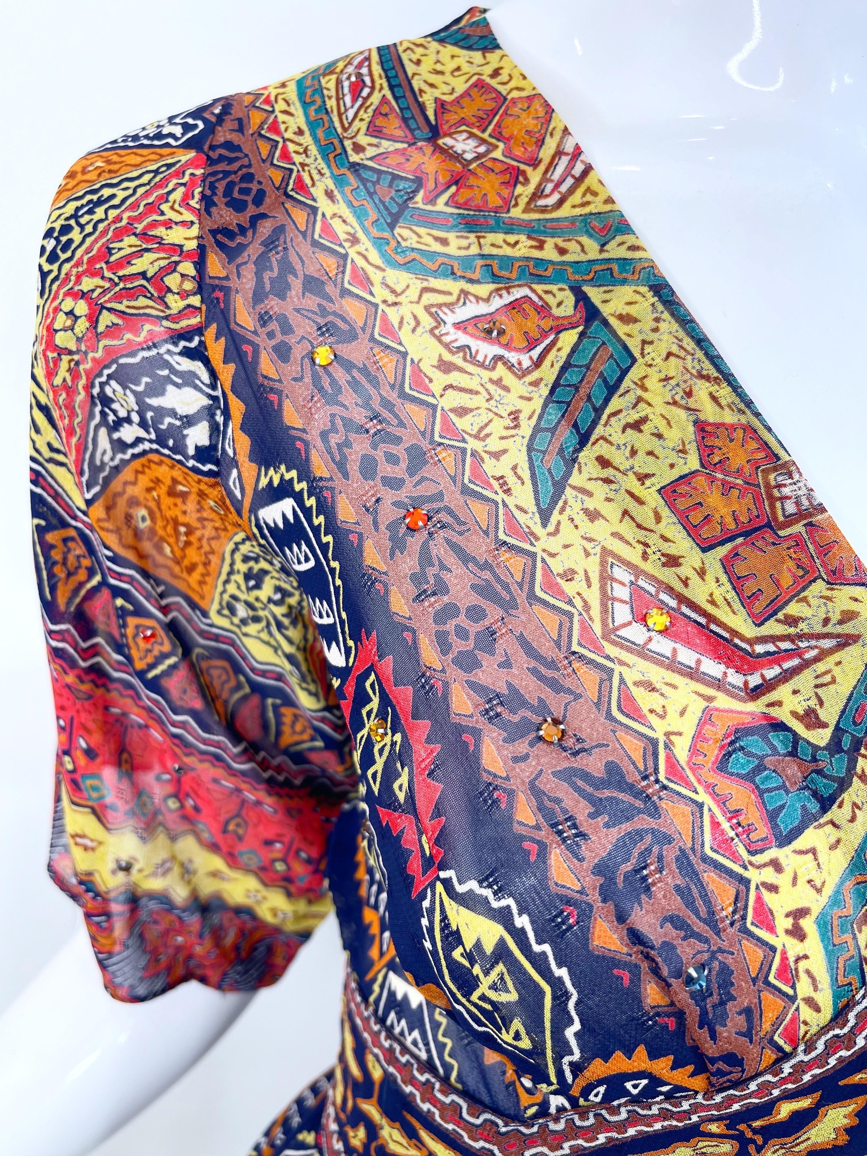 Brown 1970s Giorgio Saint Angelo Silk Chiffon Rhinestone Boho Tribal Vintage 70s Dress For Sale