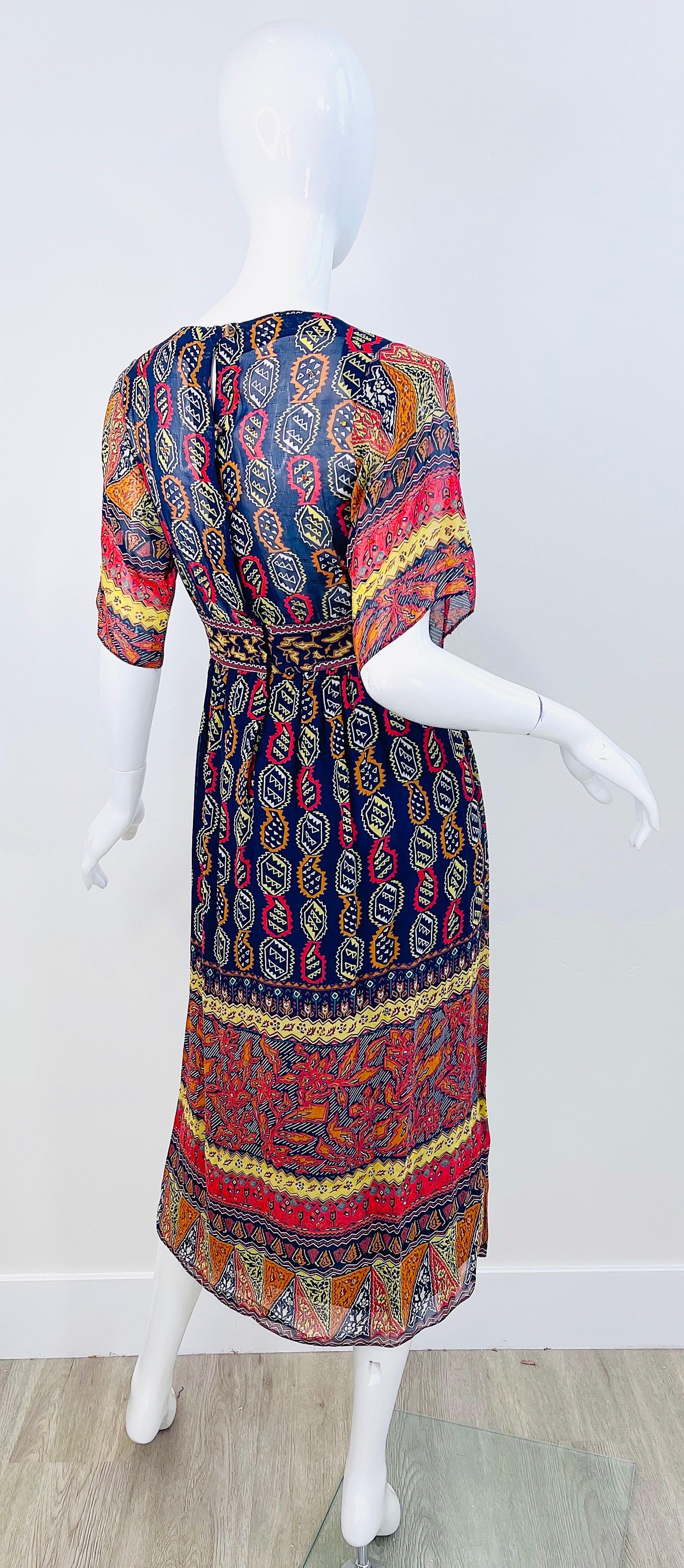 1970s Giorgio Saint Angelo Silk Chiffon Rhinestone Boho Tribal Vintage 70s Dress In Excellent Condition For Sale In San Diego, CA