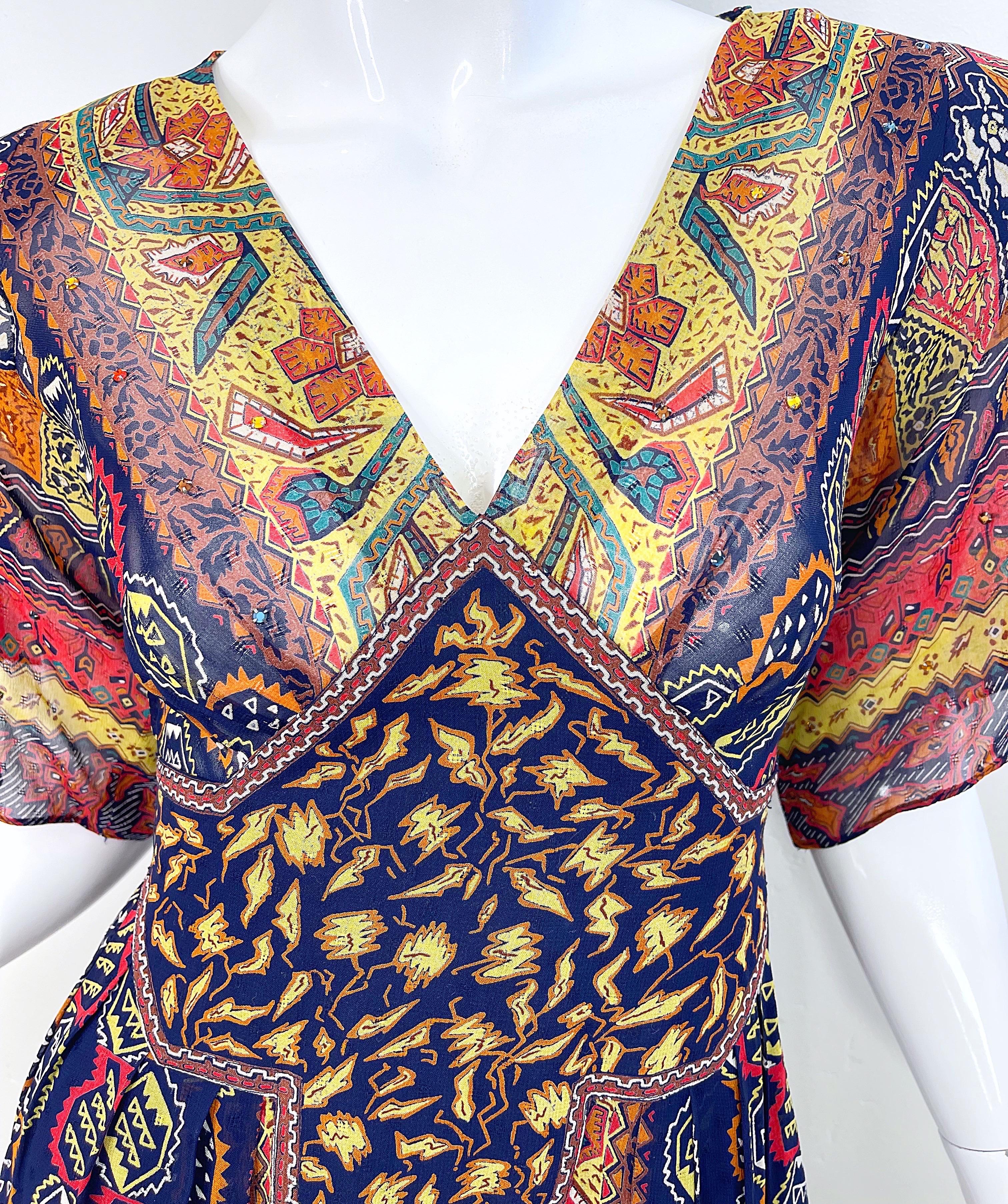 Women's 1970s Giorgio Saint Angelo Silk Chiffon Rhinestone Boho Tribal Vintage 70s Dress For Sale