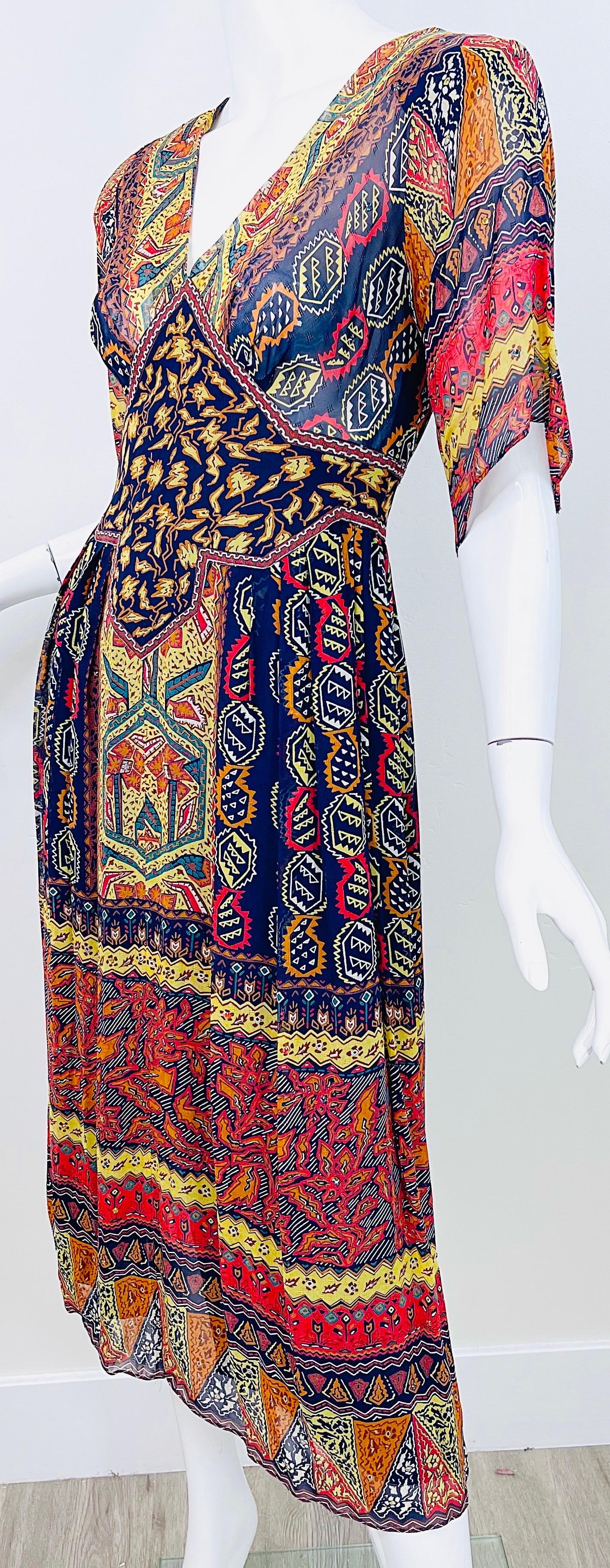 1970s Giorgio Saint Angelo Silk Chiffon Rhinestone Boho Tribal Vintage 70s Dress For Sale 1