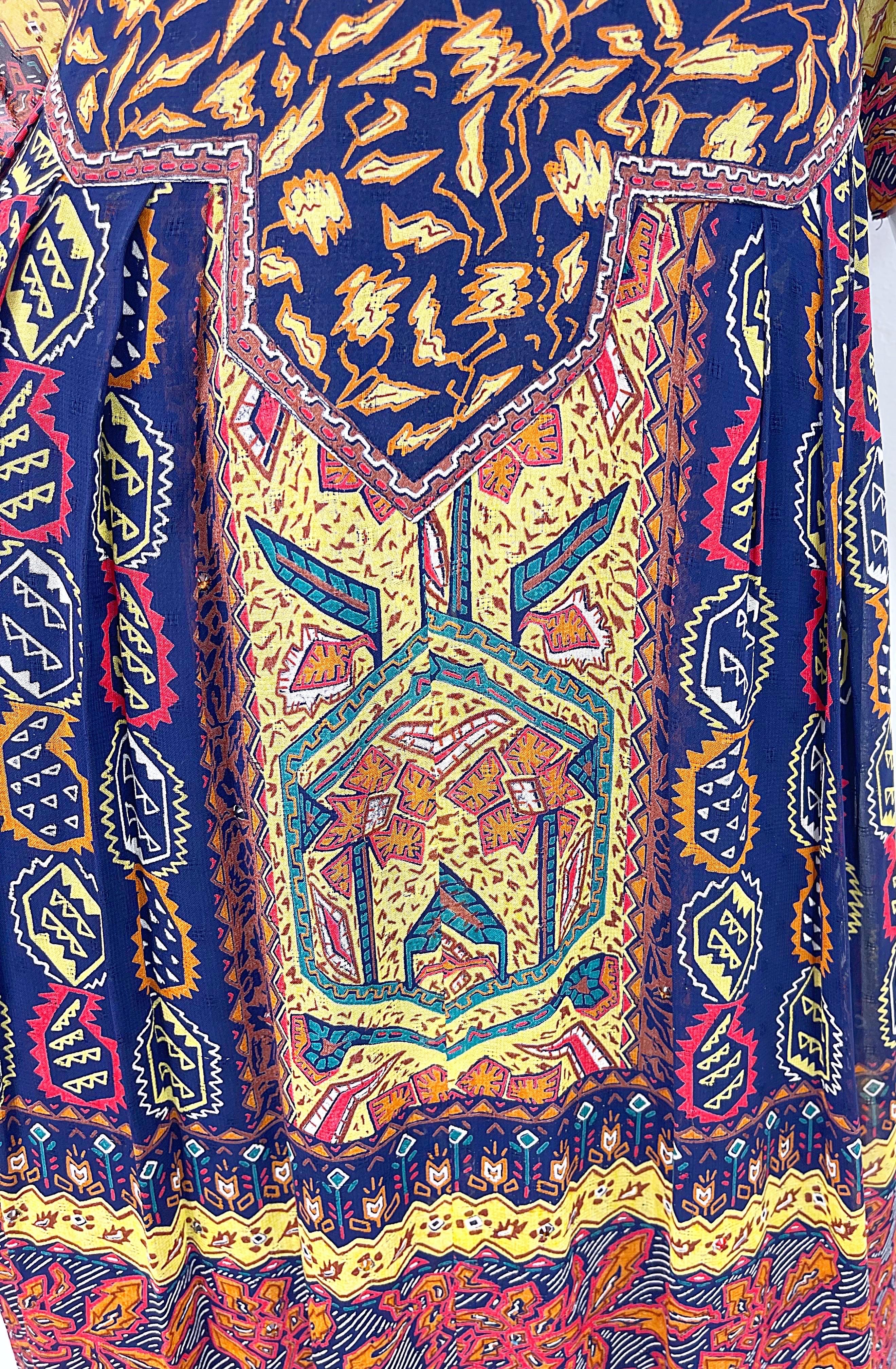 1970s Giorgio Saint Angelo Silk Chiffon Rhinestone Boho Tribal Vintage 70s Dress For Sale 2
