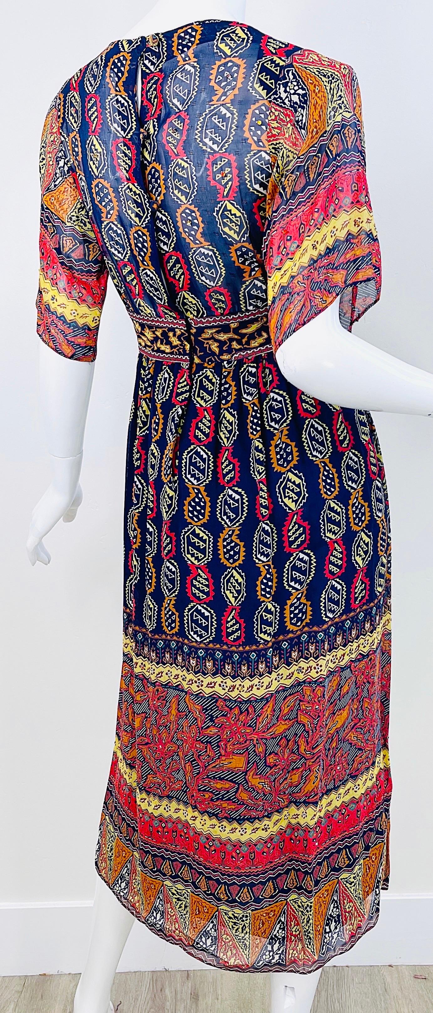 1970s Giorgio Saint Angelo Silk Chiffon Rhinestone Boho Tribal Vintage 70s Dress For Sale 3