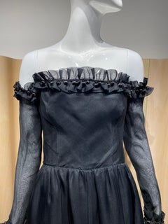 1970s GIVENCHY Black Strapless Silk Organza with detachable sleeves