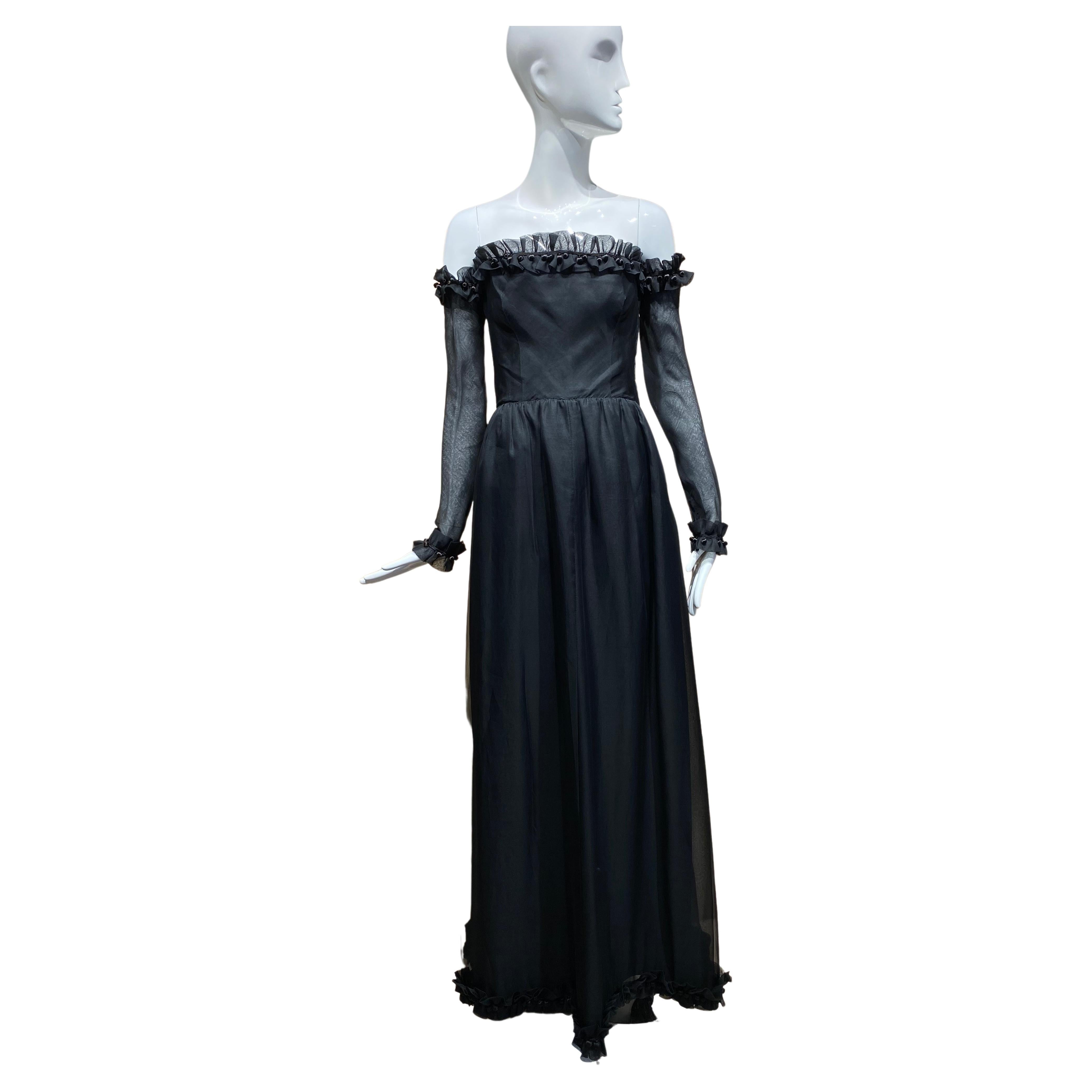 1970s GIVENCHY Black Strapless Silk Organza with detachable sleeves For Sale