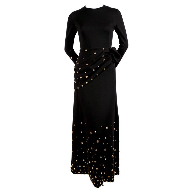1970's GIVENCHY black wool dress with large gold studs For Sale at 1stDibs  | grace metallic plisse sweetheart neck cut-out tiered dress