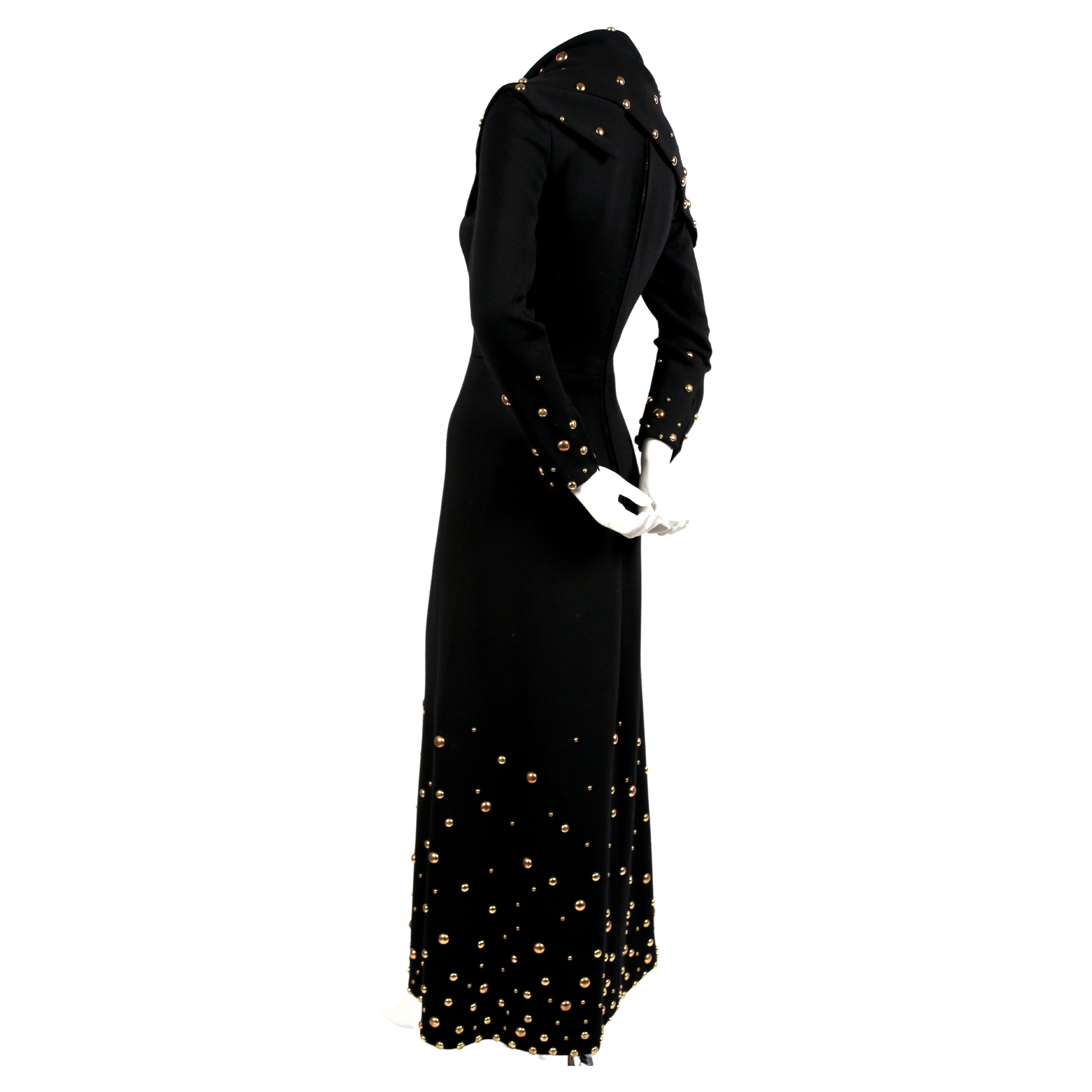 1970's GIVENCHY black wool dress with large gold studs In Good Condition For Sale In San Fransisco, CA