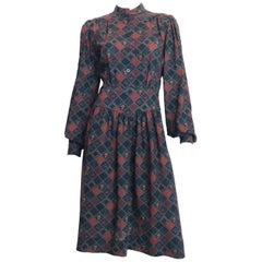 Vintage 1970s Givenchy Button Front Diamond Floral Print Wool Dress with Nehru Collar