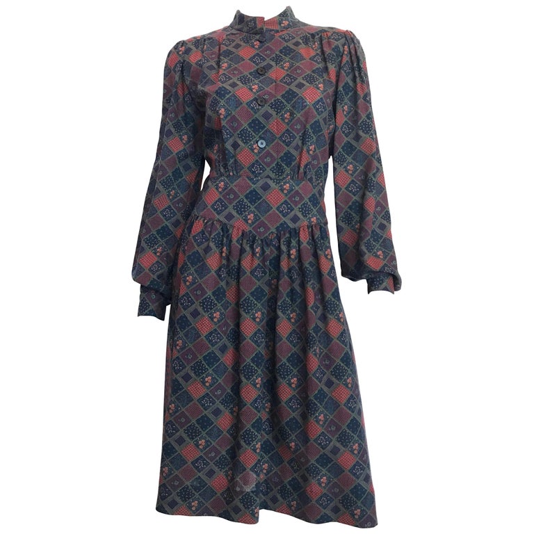 1970s Givenchy Button Front Diamond Floral Print Wool Dress with Nehru Collar For Sale
