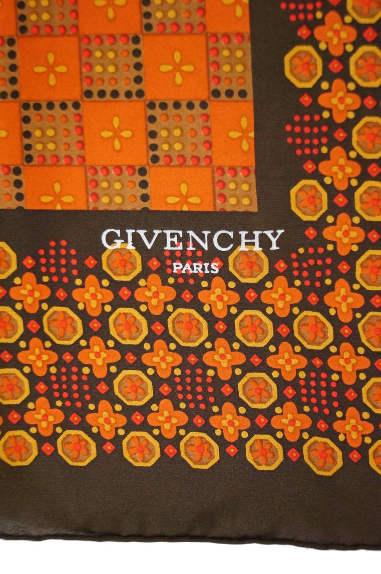Givenchy Floral and Geometric Silk Scarf in Amber Tones, 1970s at 1stDibs