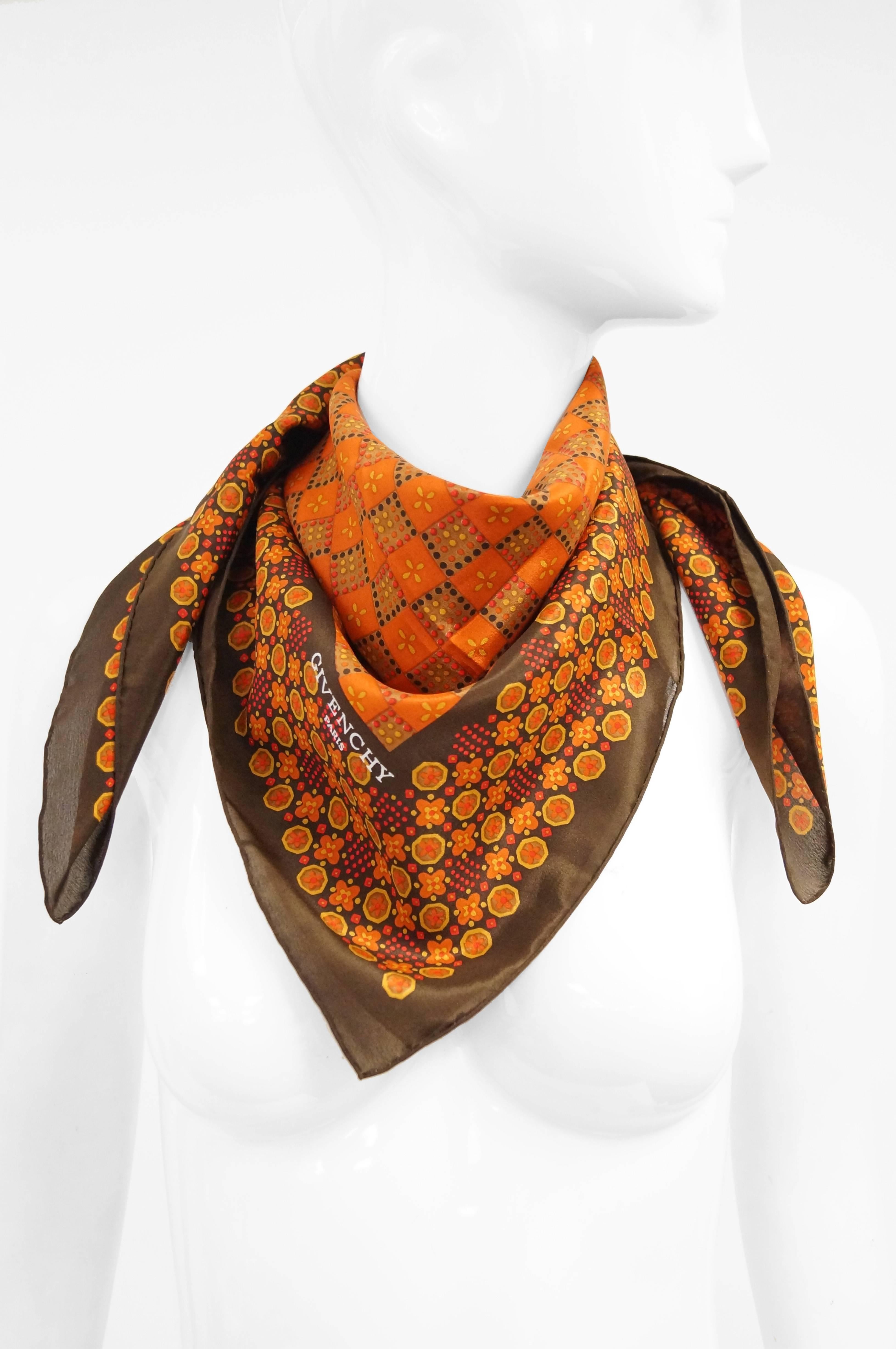 Brown  Givenchy Floral and Geometric Silk Scarf in Amber Tones, 1970s 