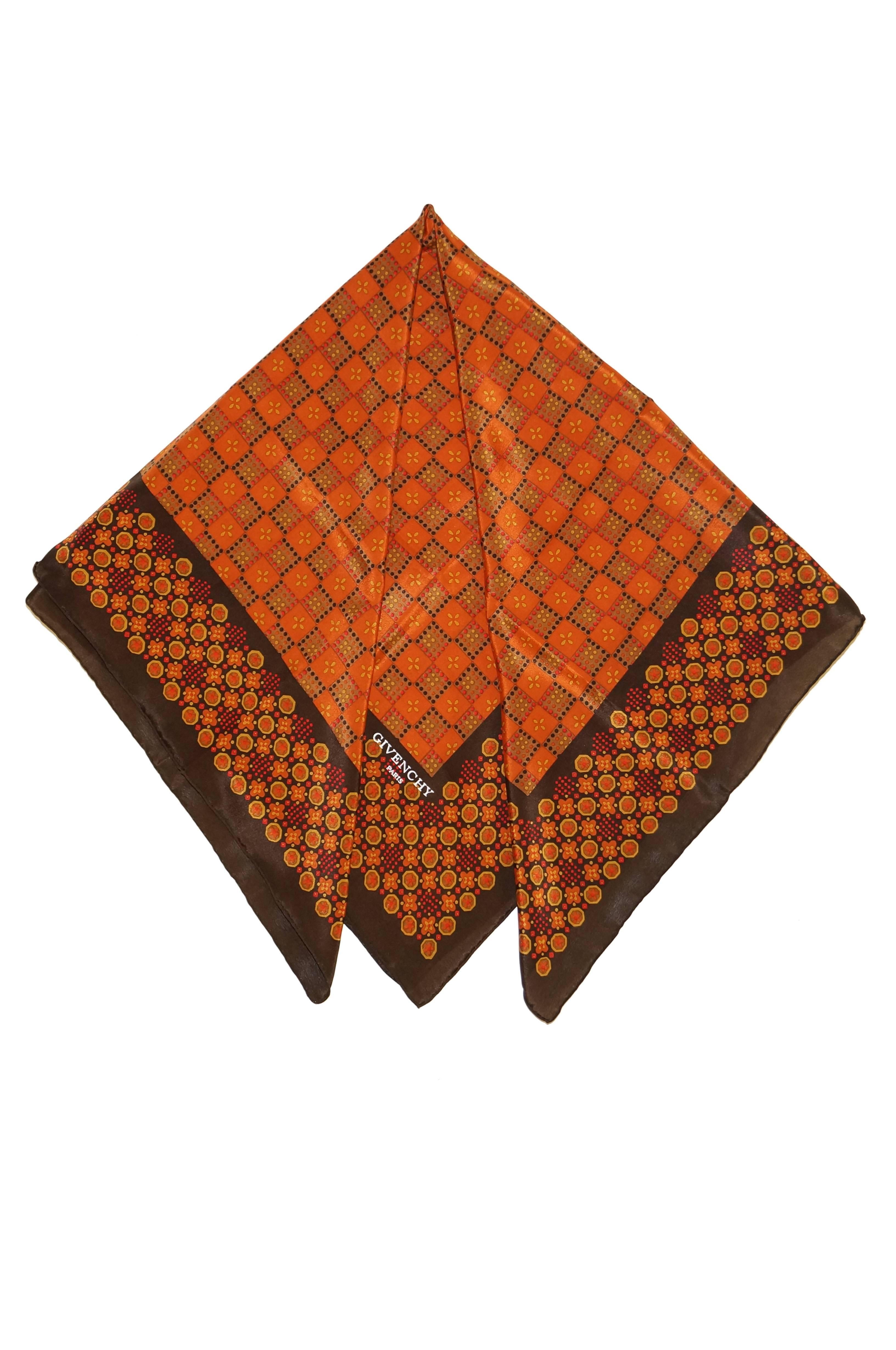  Givenchy Floral and Geometric Silk Scarf in Amber Tones, 1970s  In Excellent Condition In Houston, TX