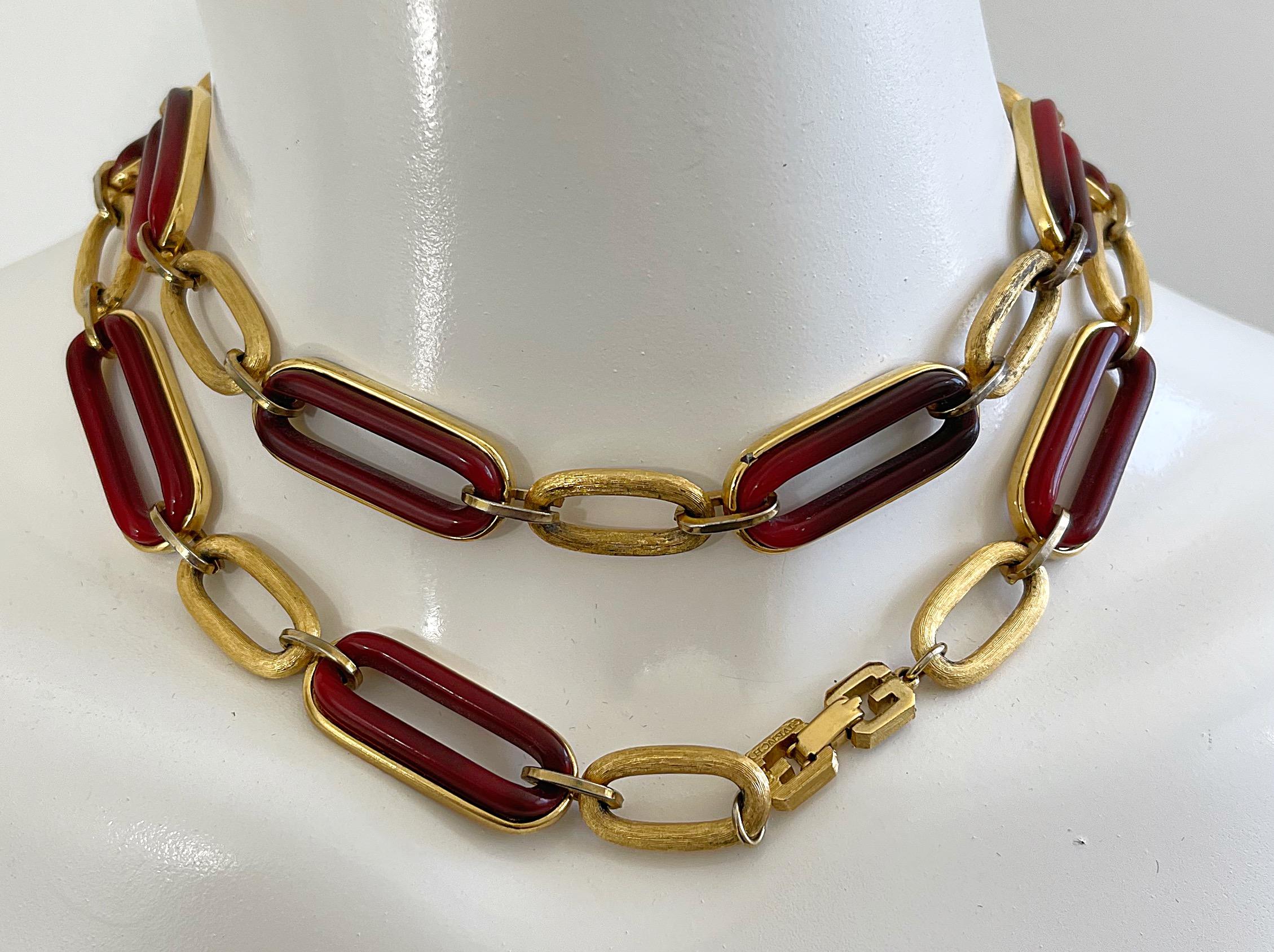 1970 Givenchy Gold + Amber Chainlink Vintage Long GG Logo 70s Necklace or Belt en vente 8
