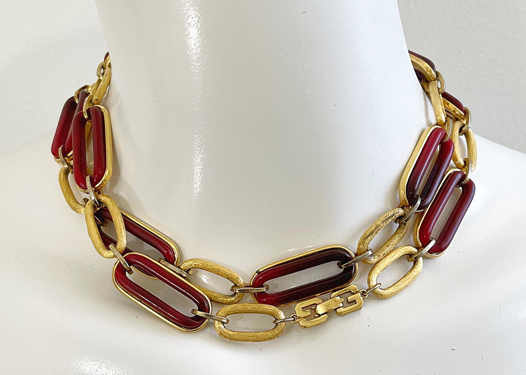 1970 Givenchy Gold + Amber Chainlink Vintage Long GG Logo 70s Necklace or Belt en vente 11