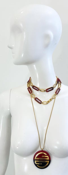 1970s GIVENCHY Navy Amber Gold Plated 1977 Large Statement Logo Vintage Necklace