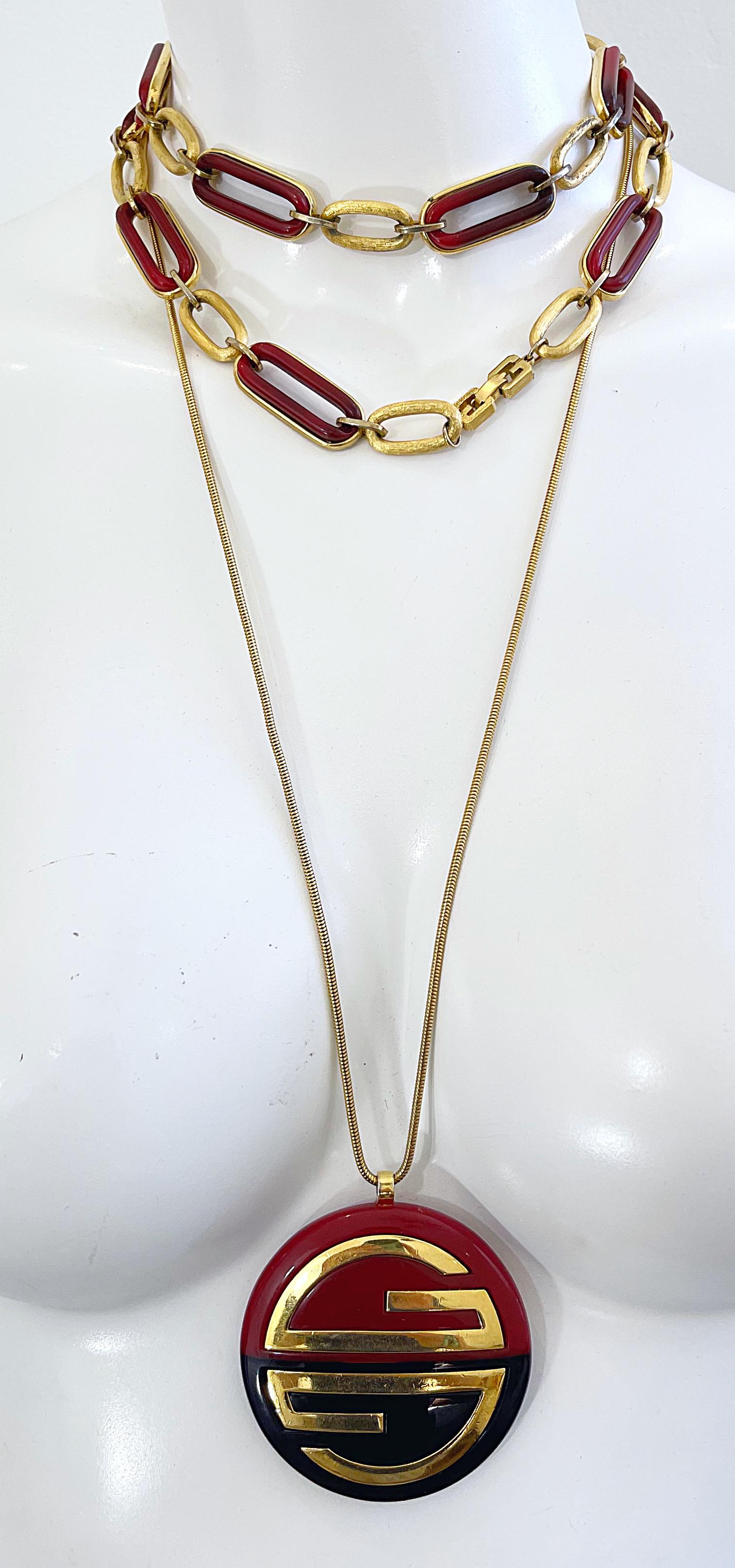 1970s GIVENCHY Navy Amber Gold Plated 1977 Large Statement Logo Vintage Necklace For Sale 1